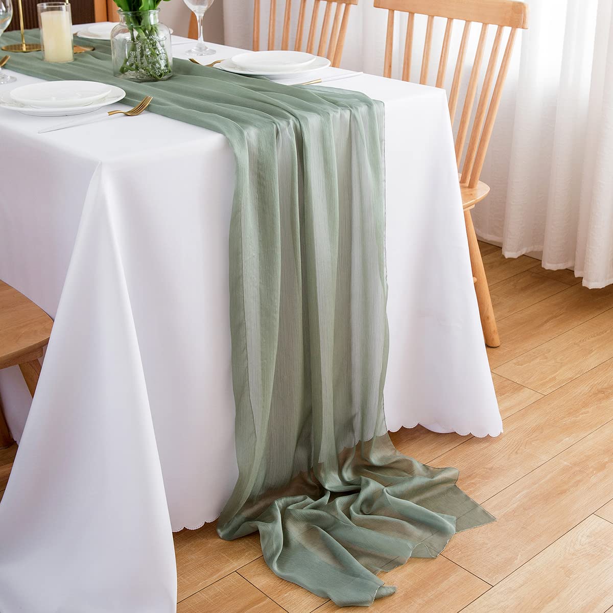 CHUQING Tischläufer Chiffon grün,70 cm x 3m,Salbeigrün Tischläufer Hochzeit Tischdeko Eukalyptus Grün Table Runner,Mintgrün