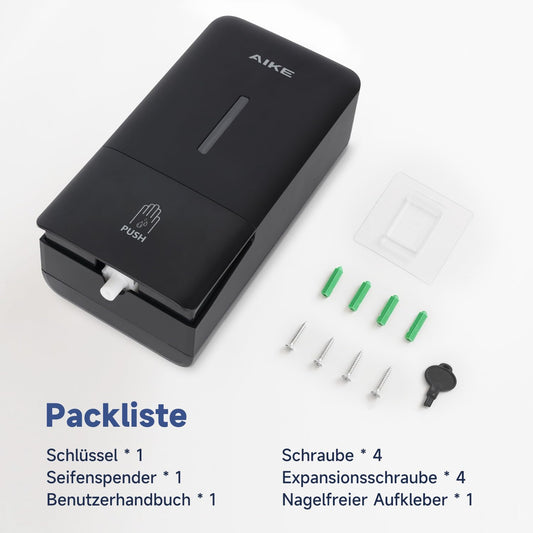 AIKE AK1006 800ML Seifenspender Wandbefestigung Ohne Bohren, Manueller Wandseifenspender aus Kunststoff, Flüssigseifenspender für den öffentlichen Gebrauch, Schwarz Matt
