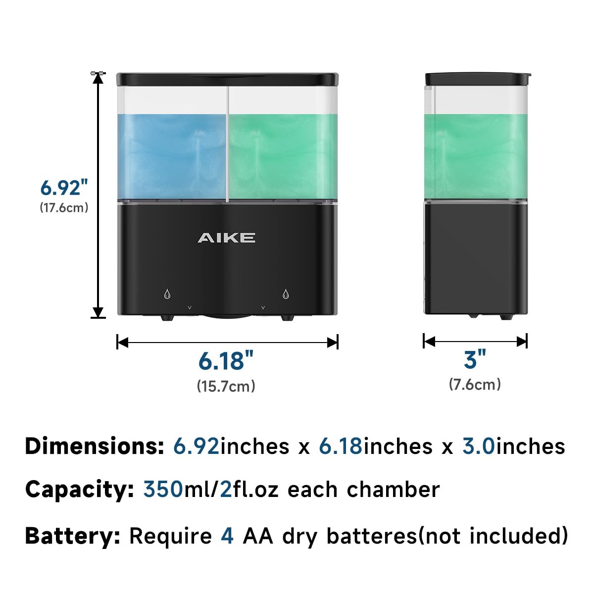 AIKE Automatischer Seifenspender, 2 x 320 ml Duschseifenspender für Badezimmer, Elektrischer Seifenspender zur Wandmontage für die Küche, Schwarzer Seifenspender Ohne Bohren