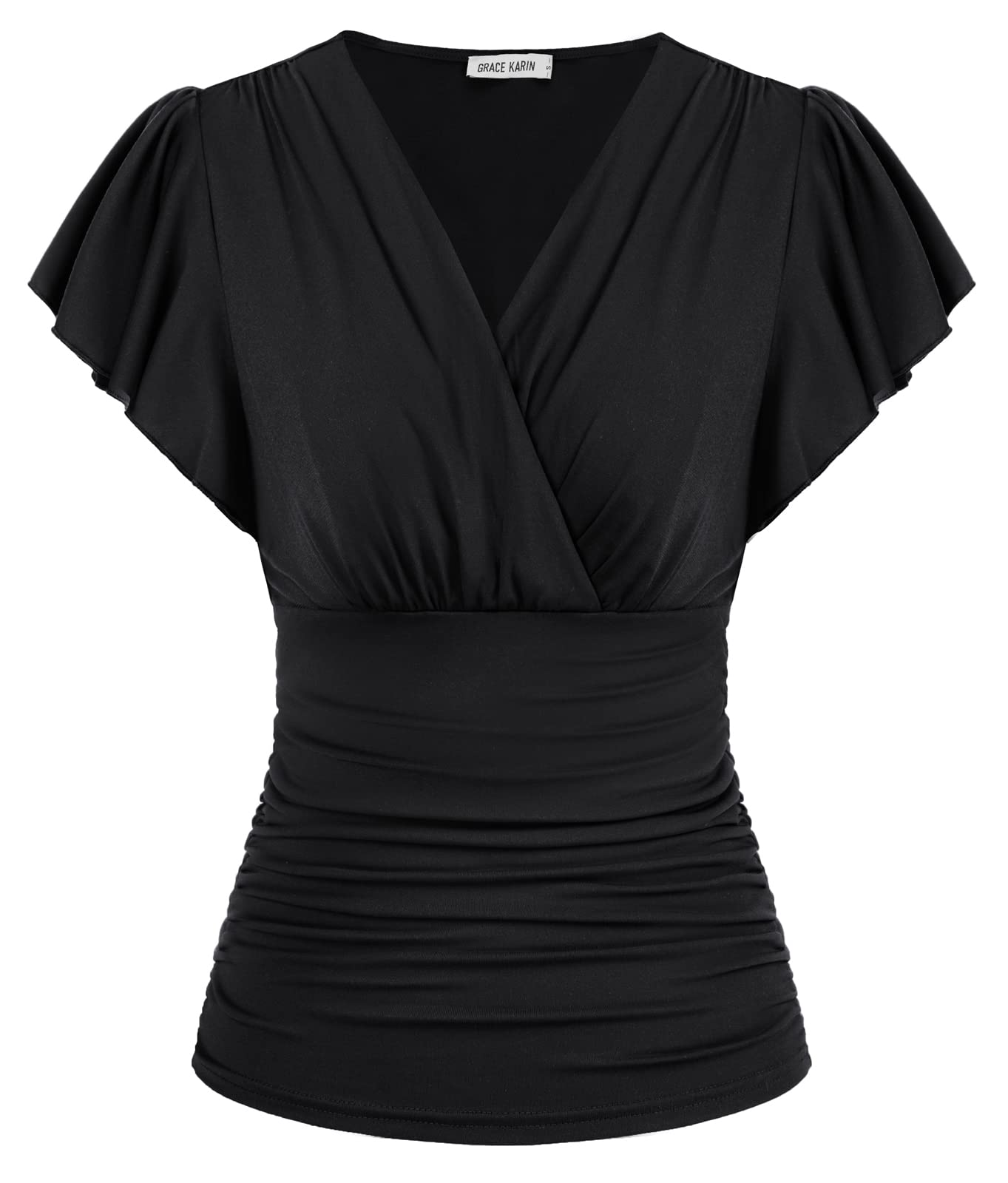 GRACE KARIN Damen V-Ausschnitt Oberteile Sexy Kurzarm Slim Fit Tops Tunika Elegant Einfarbig Blusen CL1977S23-01_00L