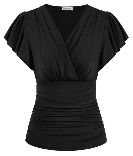 GRACE KARIN Damen V-Ausschnitt Oberteile Sexy Kurzarm Slim Fit Tops Tunika Elegant Einfarbig Blusen CL1977S23-01_00L