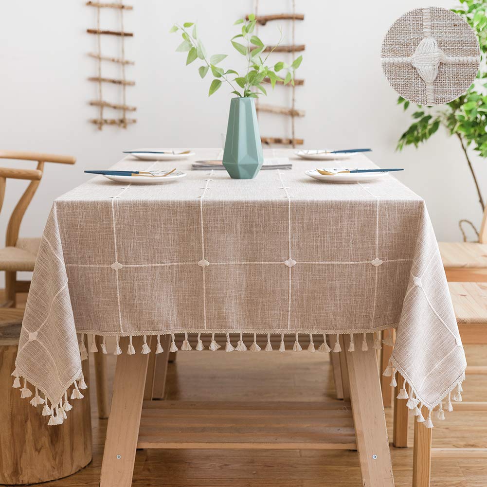 SUNBEAUTY Tischdecke Abwaschbar 140x200 Tischdecke Baumwolle Leinen Tischdecken Rechteckig Tischtuch Beige mit Quasten für Home Küche Speisetisch Dekoration
