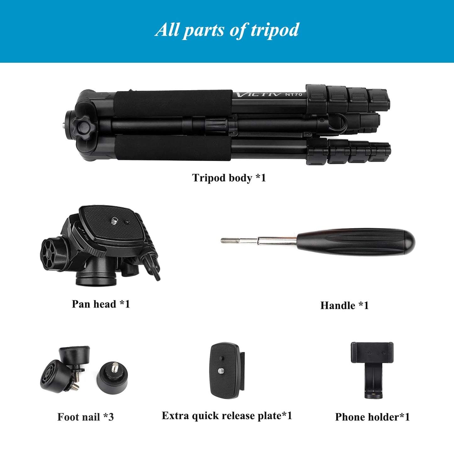 Victiv Kamera Stativ mit 52–160-185cm Höhe, leichtes Camera Tripod mit Abnehmbar 3-Wege-Kopf, Aluminium fotostativ für DSLR Canon Nikon Sony, Dreibeinstativ for Smartphone mit Handy Halterung