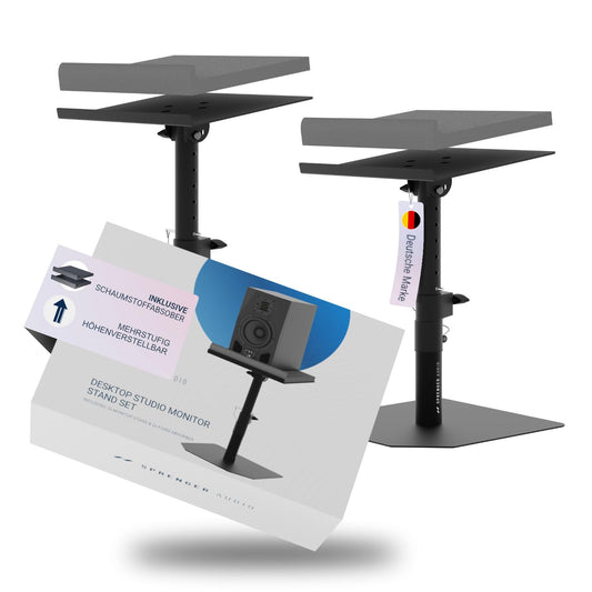 Stabiler Lautsprecher Boxen Ständer Set inkl. Schaumstoff Absorber - Robust und Neigbar +/-20°, Tragfähigkeit bis zu 28 kg - Ideal für Schreibtisch, Tonstudio oder DJ Tisch