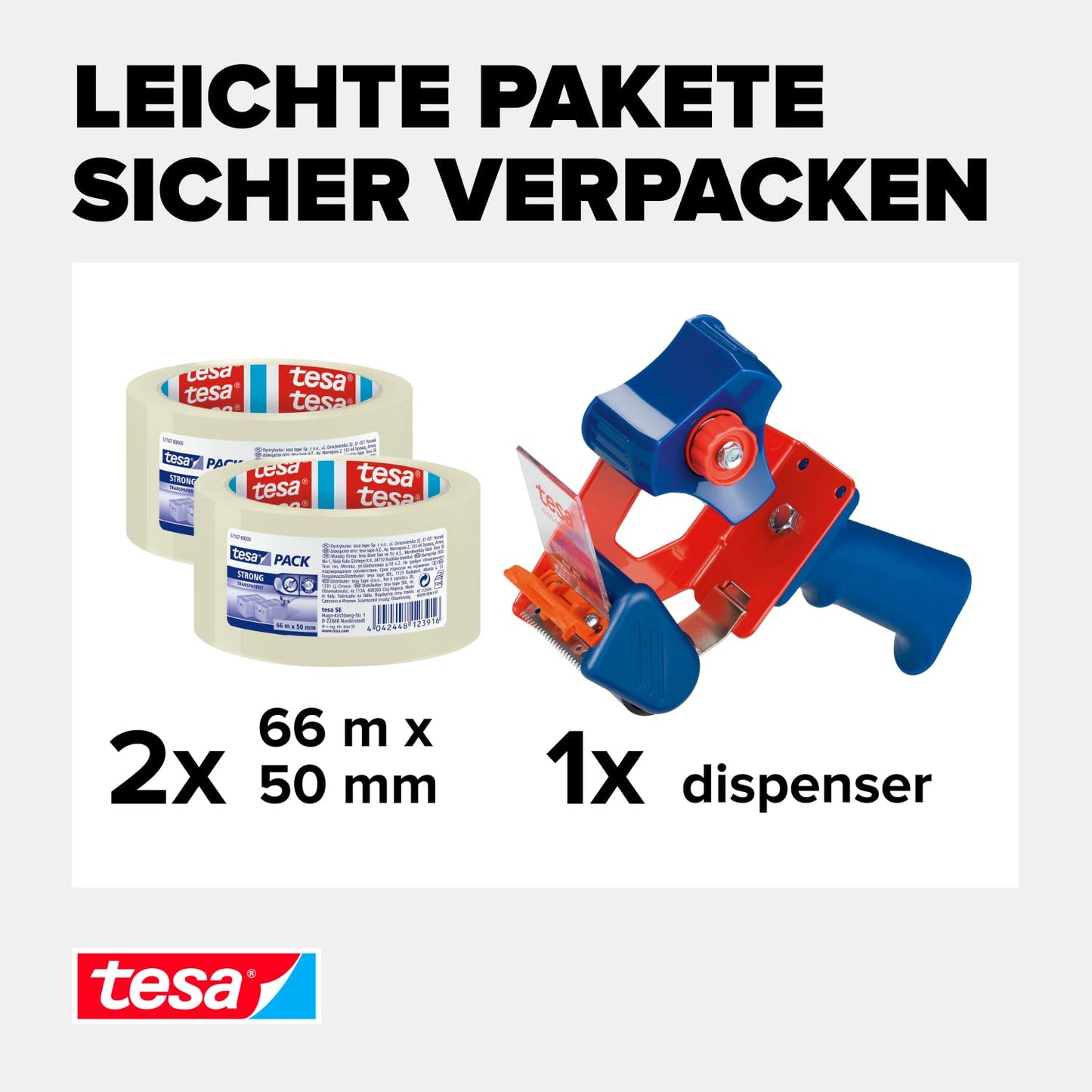 tesa Paketband-Abroller und tesapack Paketbänder im Set - 2 x hochwertiges Packband inklusive 1 Abroller - Transparent - 66 m x 50 mm