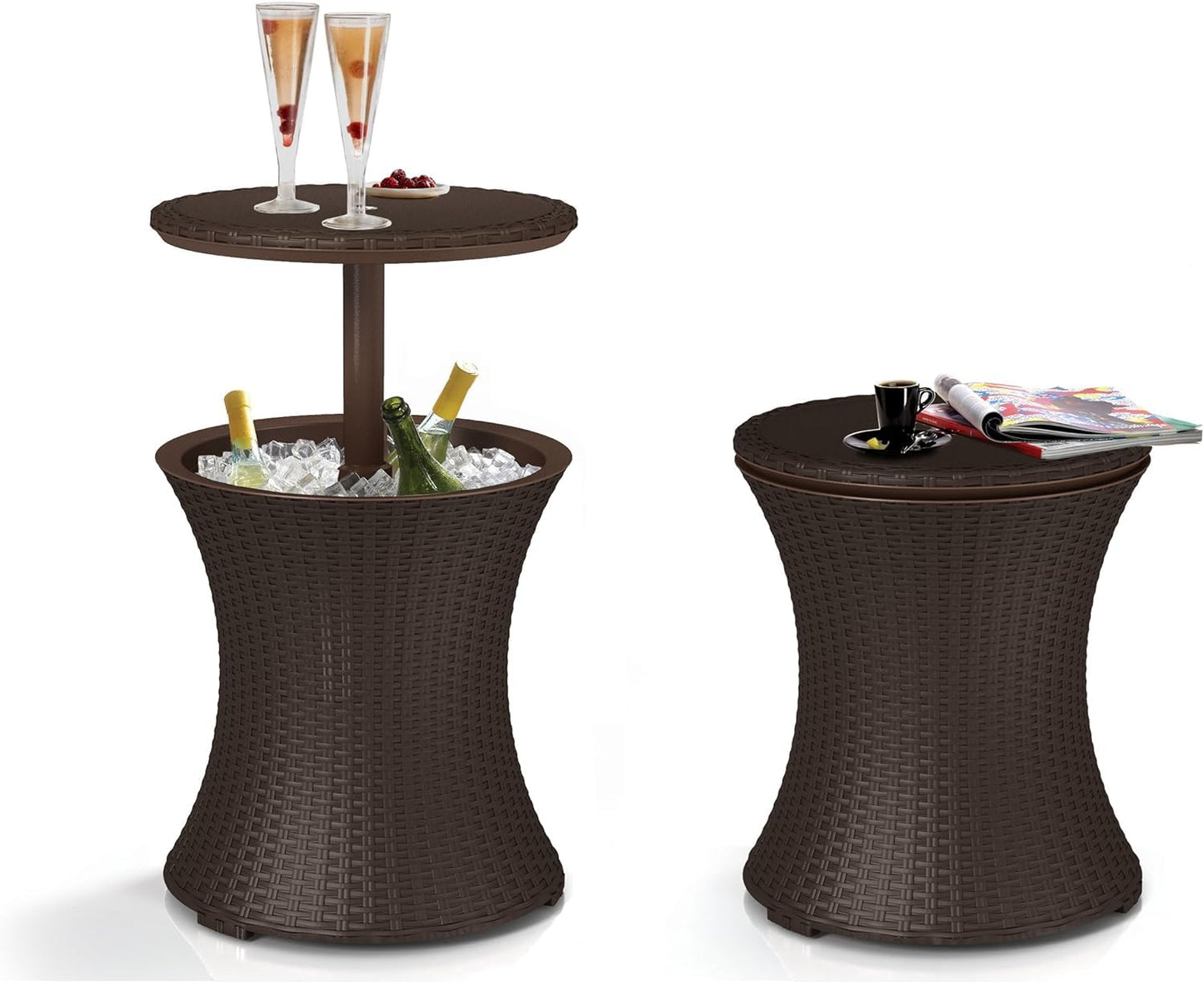 Keter Pacific Cool Bar, 3-in-1 Cocktailtisch, Couchtisch und Outdoor Eiskühler in Rattanoptik, UV-geschützt und wetterfest, braun, Kühlbox 30l Volumen