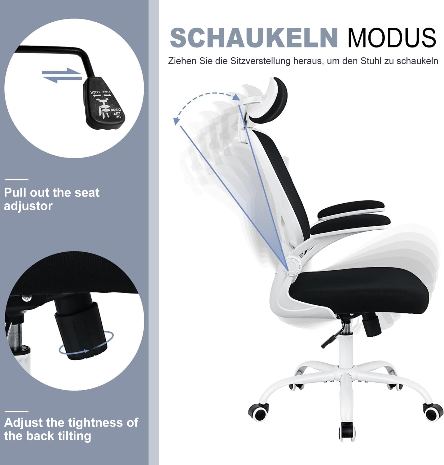 ralex-chair Bürostuhl, Ergonomischer Schreibtischstuhl, Bequem, Höhenverstellbar mit Rollen, Lordosenstütze, Netz, drehbar, für Computer, Heimbüro, Arbeitszimmer, Schwarz und Weiß
