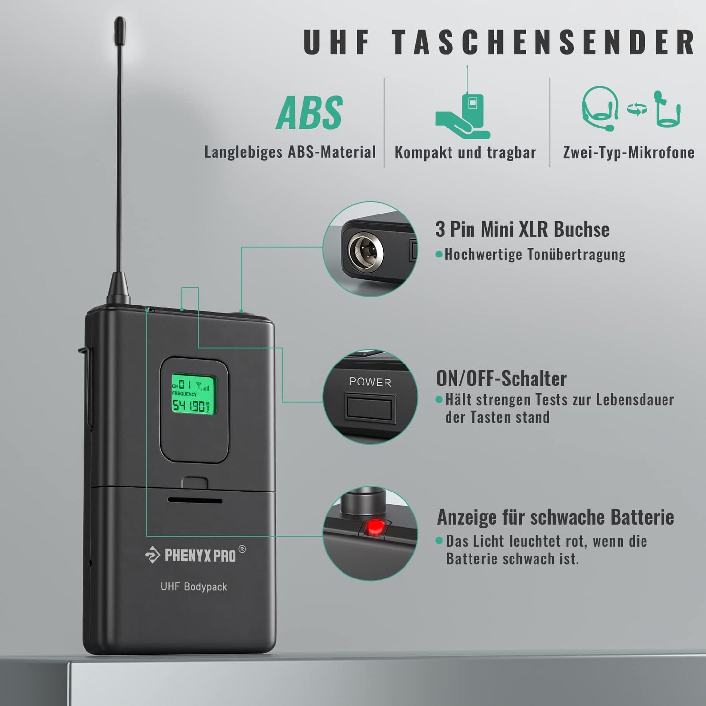 Phenyx Pro 4-Kanal UHF Drahtlos-Mikrofonsystem, Festfrequenz-Mikrofon mit Hand-/Taschen-/Kopfbügel-/Ansteckmikrofonen für Kirche, Karaoke, Gesang, DJ (PTU-5000B)