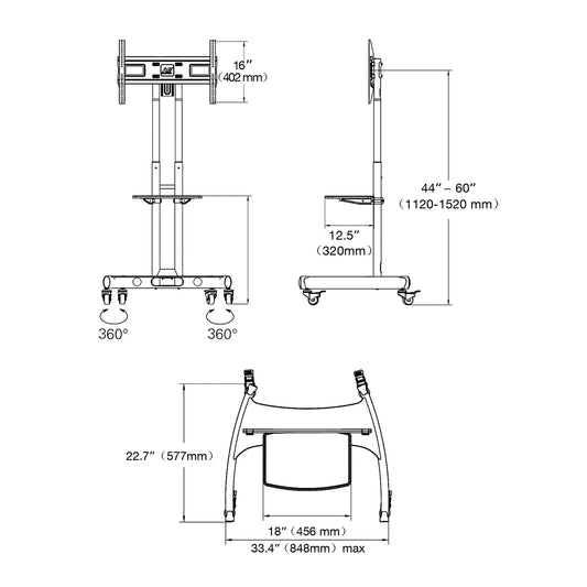 Ergosolid TV-Halterung mit Rollen, Fuß schwenkbar und höhenverstellbar von 32 bis 65 Zoll (81 - 165 cm), VESA max. 600 x 400 mm, maximale Tragkraft 45,5 kg, AVA1500B-2020
