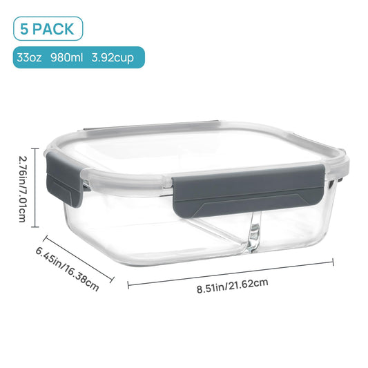Vtopmart 5er 33oz Meal Prep Boxen, Glasbehälter mit Deckel, Frischhaltedosen Glas mit Deckel für Mikrowelle, Ofen, Gefrierschrank und SpüLmaschine