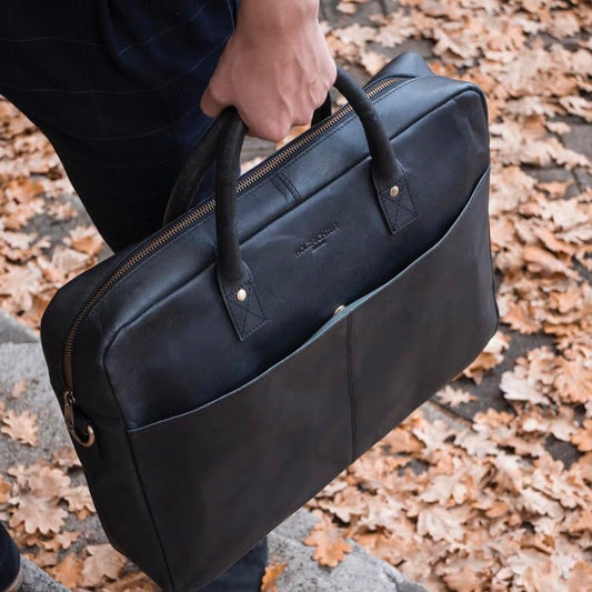 Holzrichter BERLIN Tragetasche No 1-1 (M) schwarz-anthrazit - Große Briefcase-Aktentasche & Laptoptasche handgefertigt aus Premium-Leder