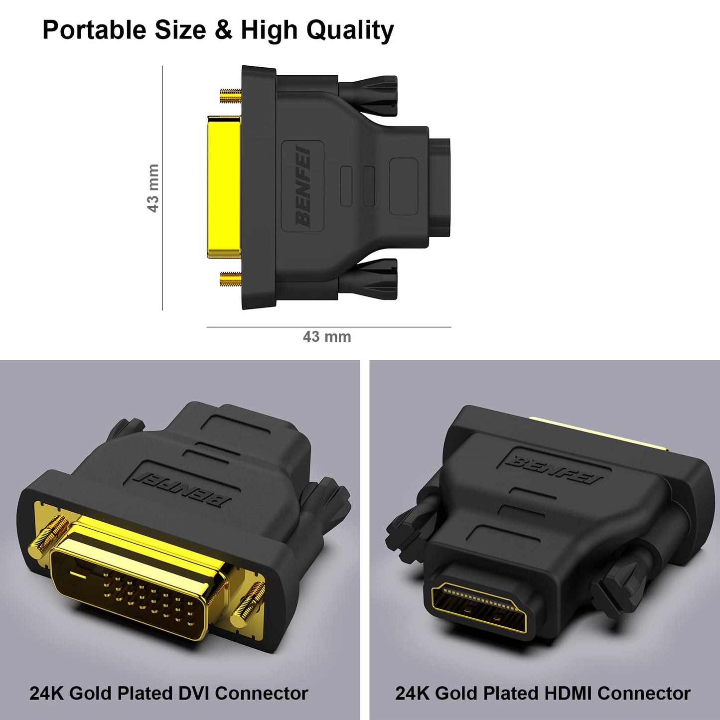 BENFEI Bidirektional DVI(DVI-D) zu HDMI Adapter 2 Stück, DVI (DVI-D)-Stecker auf HDMI-Buchse Adapter mit vergoldetem Stecker, unterstützt 1080P