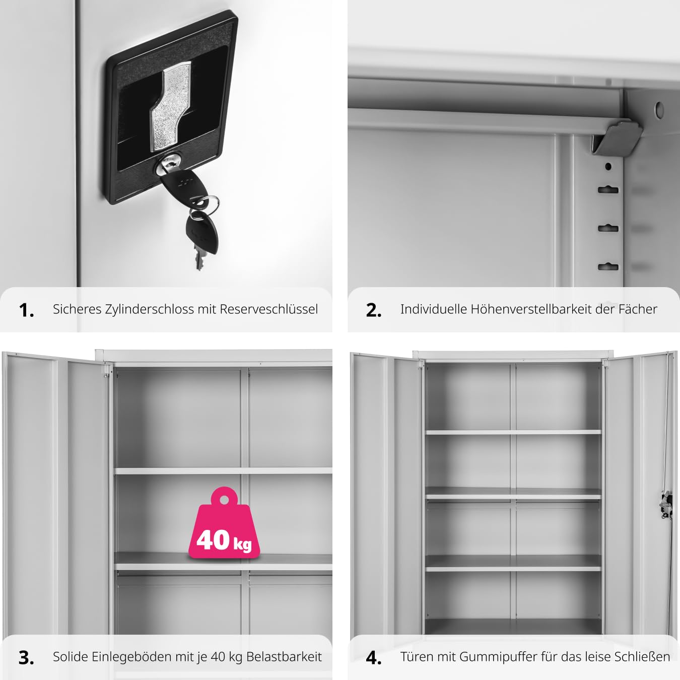 tectake Aktenschrank, Büroschrank abschließbar, Mehrzweckschrank aus Stahl, Allzweckschrank, mit 2 Türen, inkl. 3 höhenverstellbare Einlegeböden, 140x90x40 cm - grau