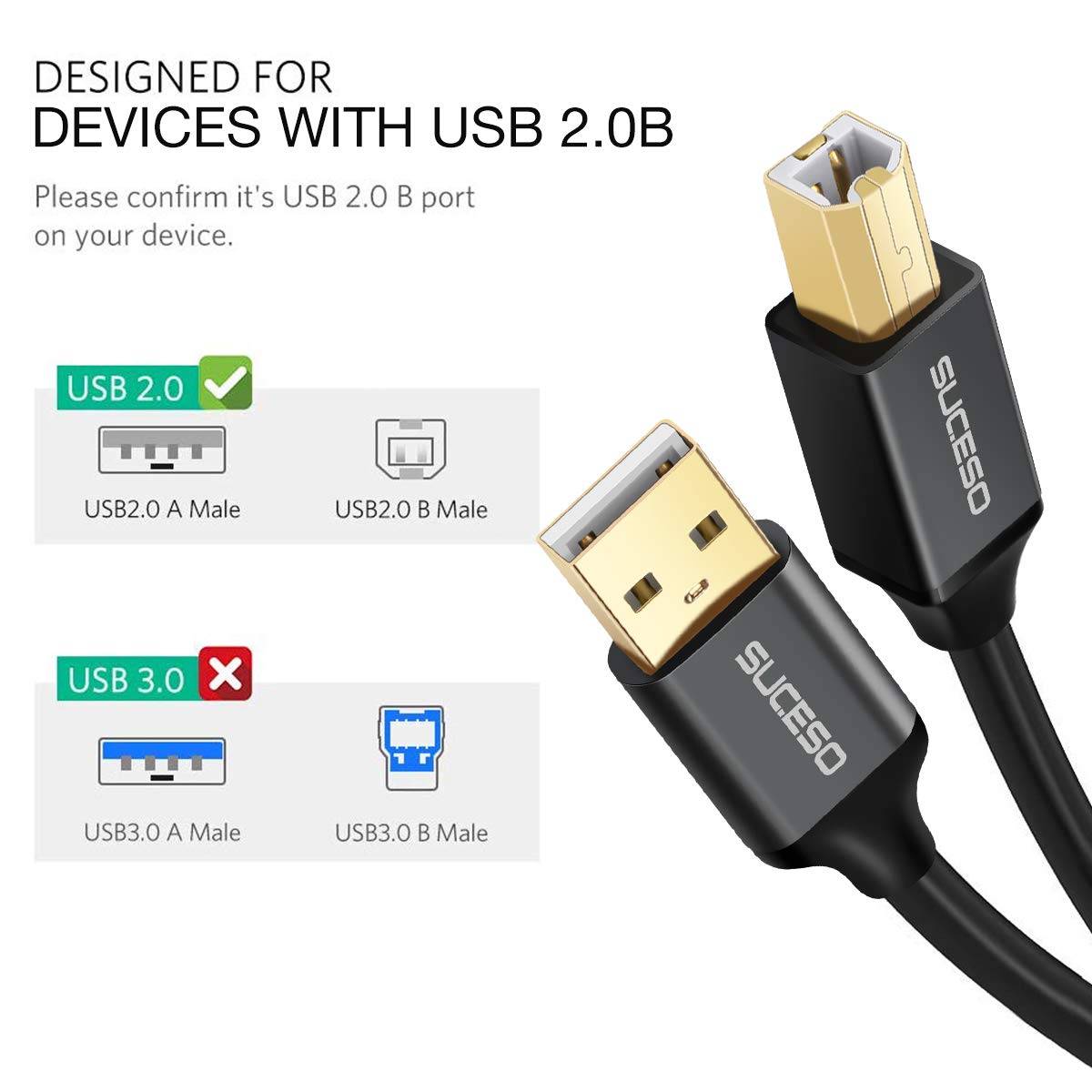 SUCESO Druckerkabel USB 2M Scanner Kabel 2.0 USB A auf USB B Drucker Kabel Typ B USB B Kabel Scannerkabel Printer Cable kompatibel mit HP, Canon, Dell, Epson, Lexmark, Xerox, Brother, Samsung usw