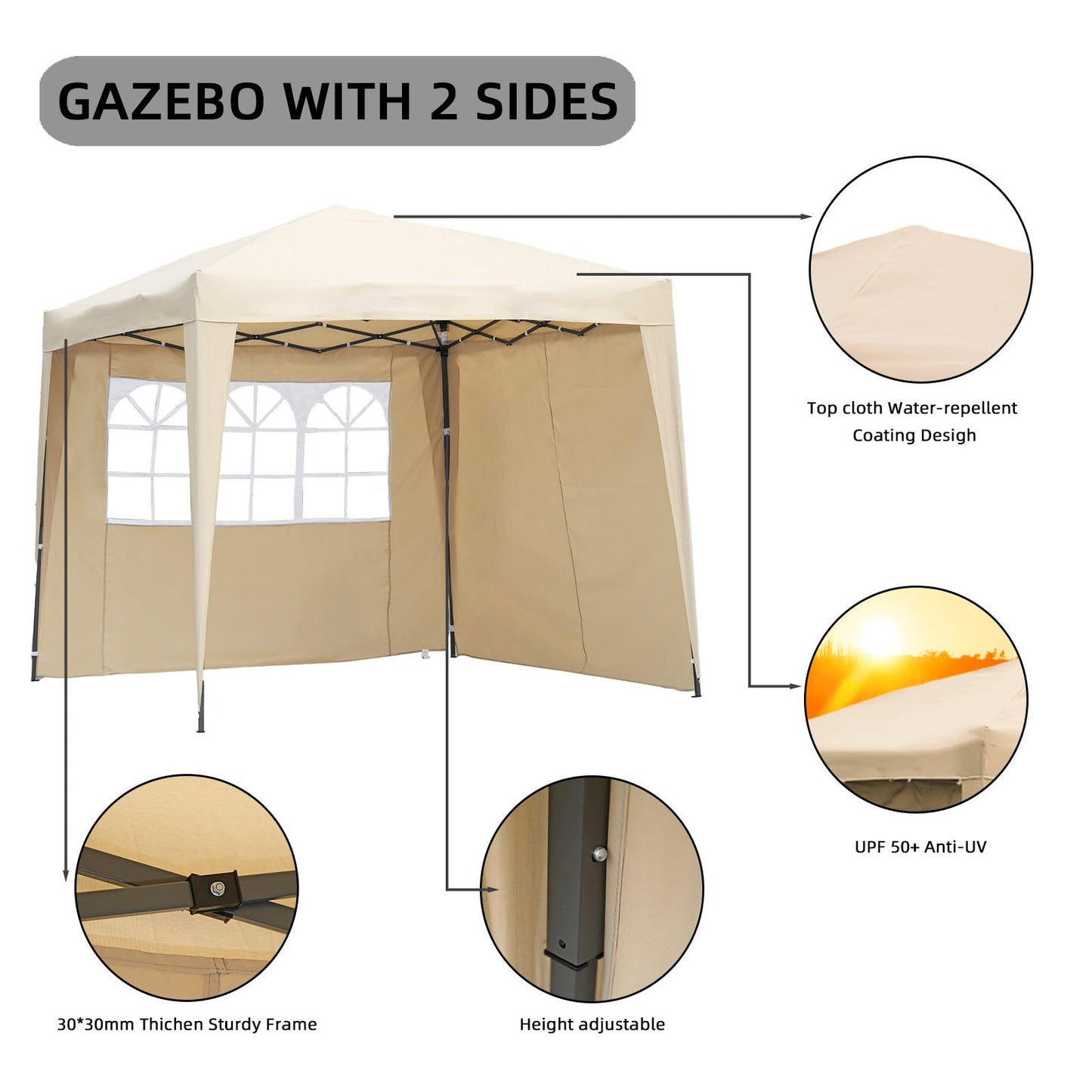 Angel Living 2.5 x 2.5M Faltbarer Pop up Pavillon Outdoor,Faltpavillon Gartenzelt Partyzelt,UV-Schutz 50+,2 Seitenwänden mit Reißverschlüssen für Außen, Garten, Camping Beige