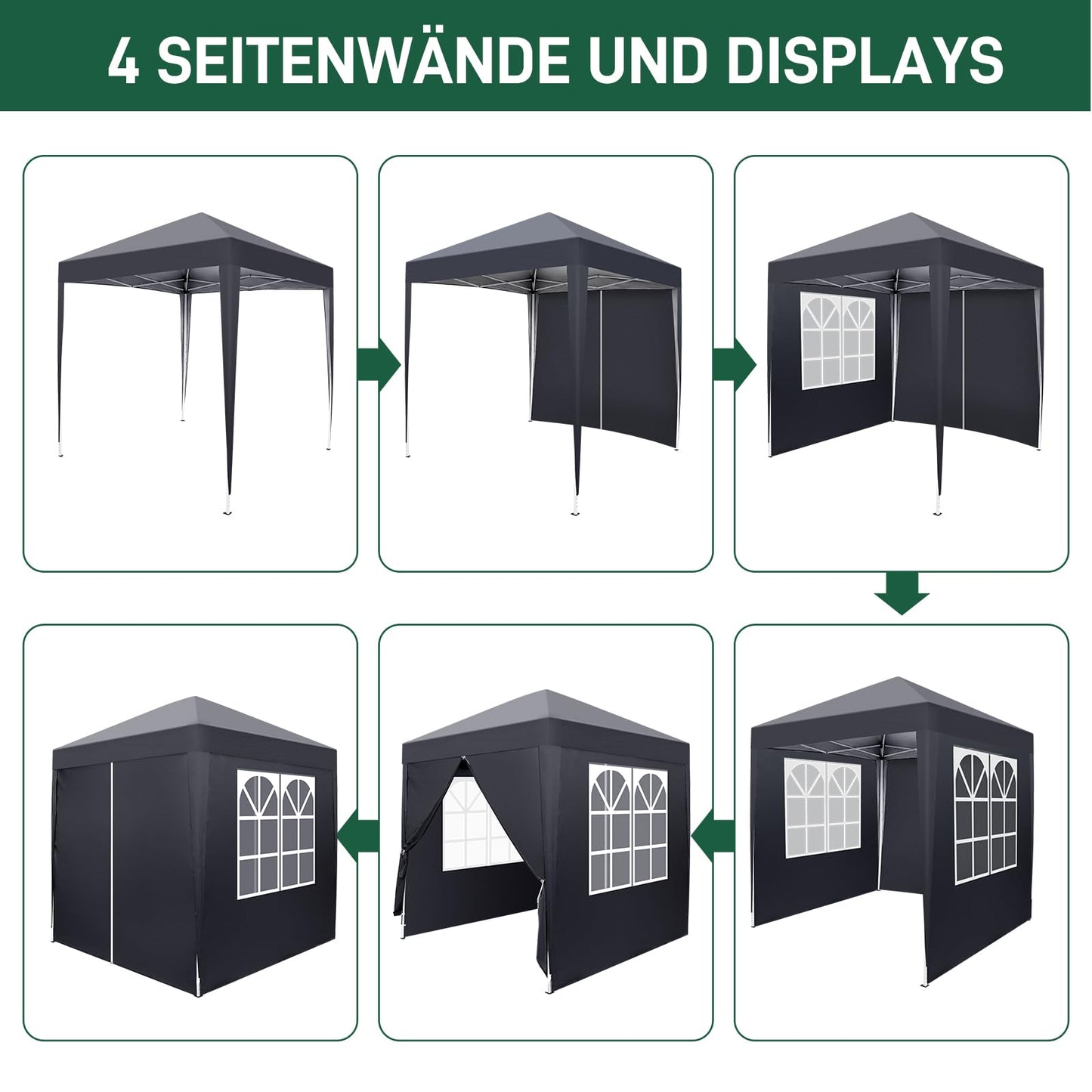 Bonnlo Pop Up Gazebo mit Seiten Einfaches EIN-Personen-Setup Sofortige Outdoor-Vordach Falten Garten Gazebo Partyzelt (2x2m, grau)
