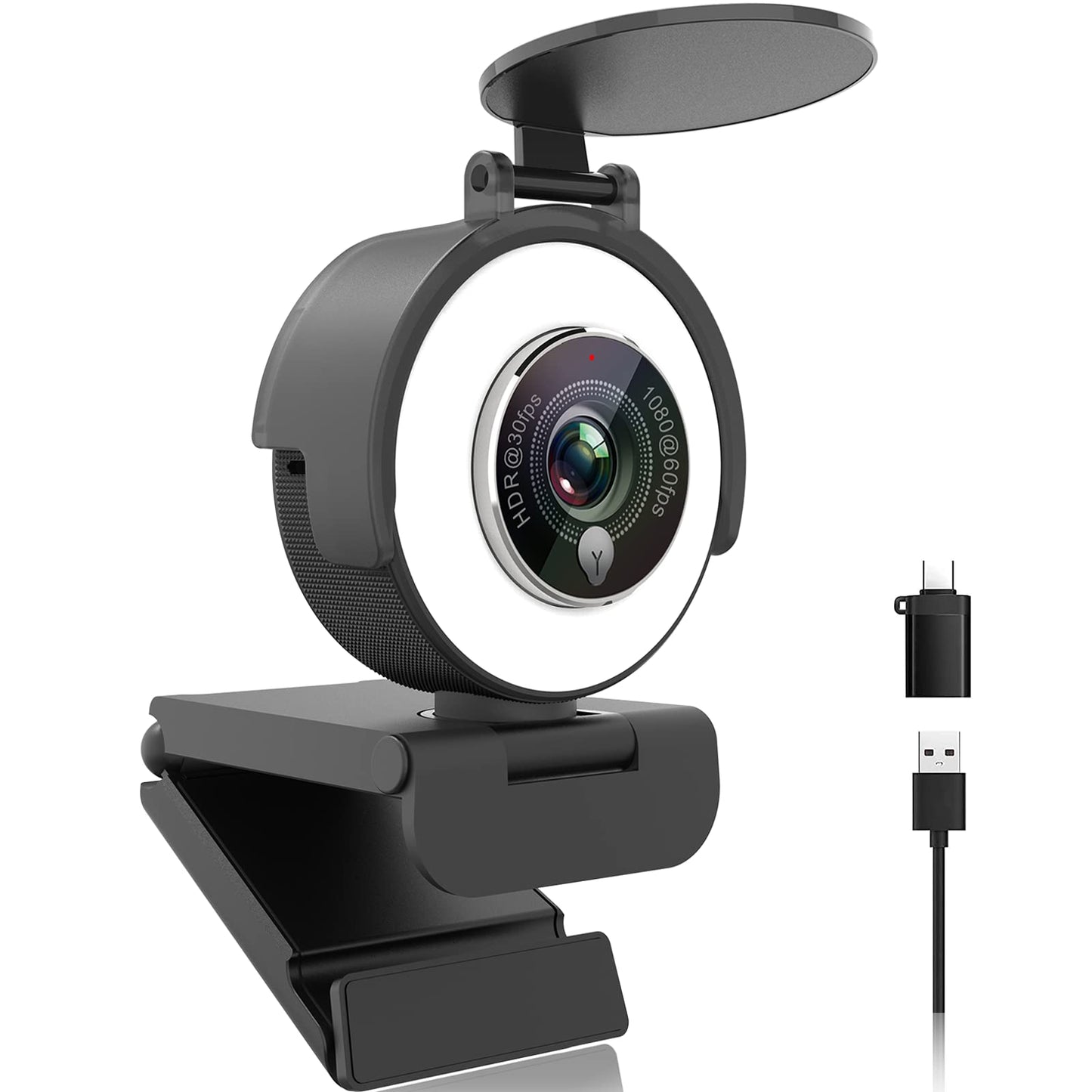 Angetube 1080p Webcam mit Ringlicht für Streaming: USB 60FPS Webkamera mit Mikrofon-HDR-fähig-HD Auto-Lichtkorrektur, Webcam mit einstellbarem FOV, für Teams, Zoom, PC/Laptop/Mac/Desktop