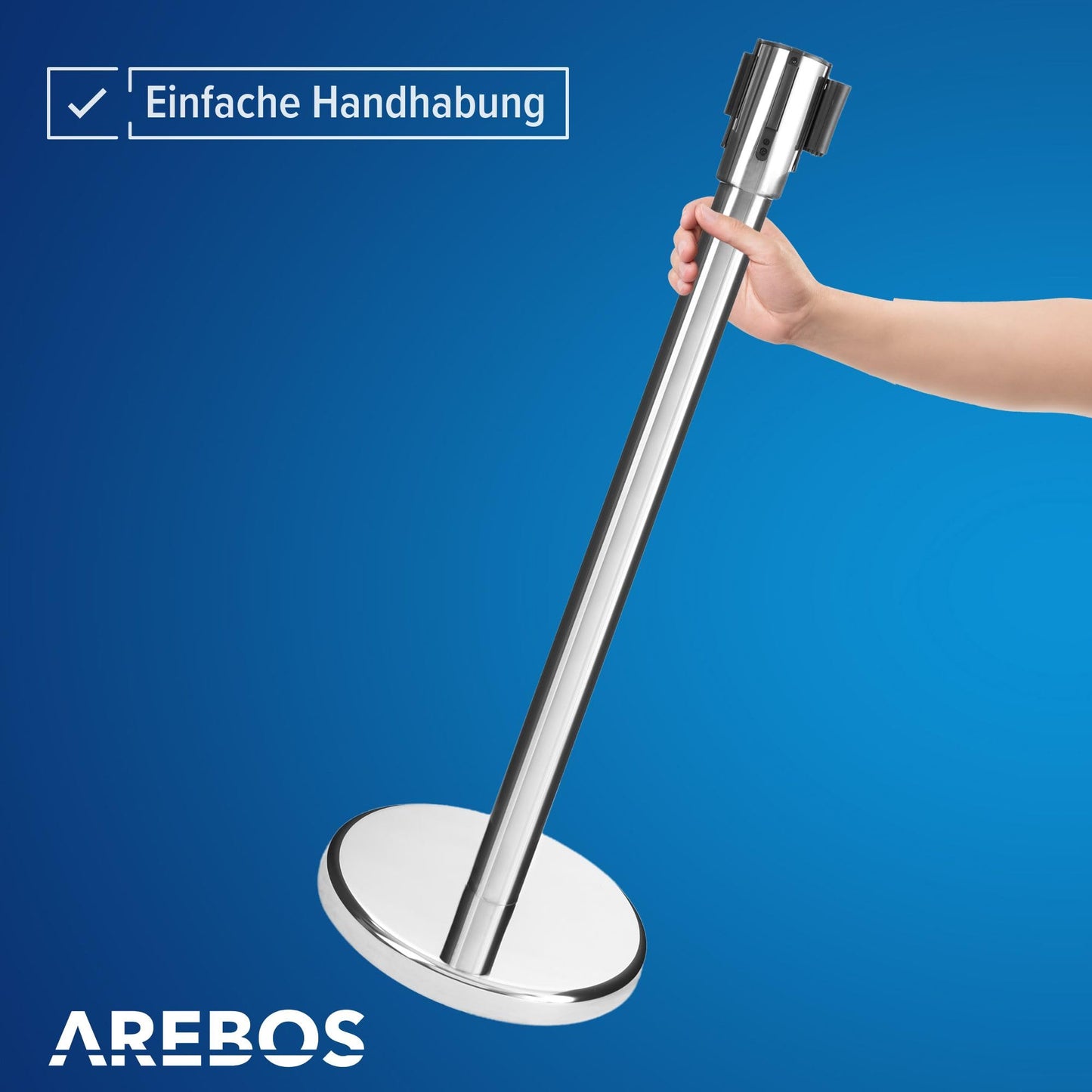 Arebos Personenleitsystem | 2 Stück | Absperrständer | Absperrband | Absperrpfosten | Abgrenzungspfosten | Bandfarbe: Rot | Bandlänge: 190 cm | im Innen- und Außenbereich einsetzbar
