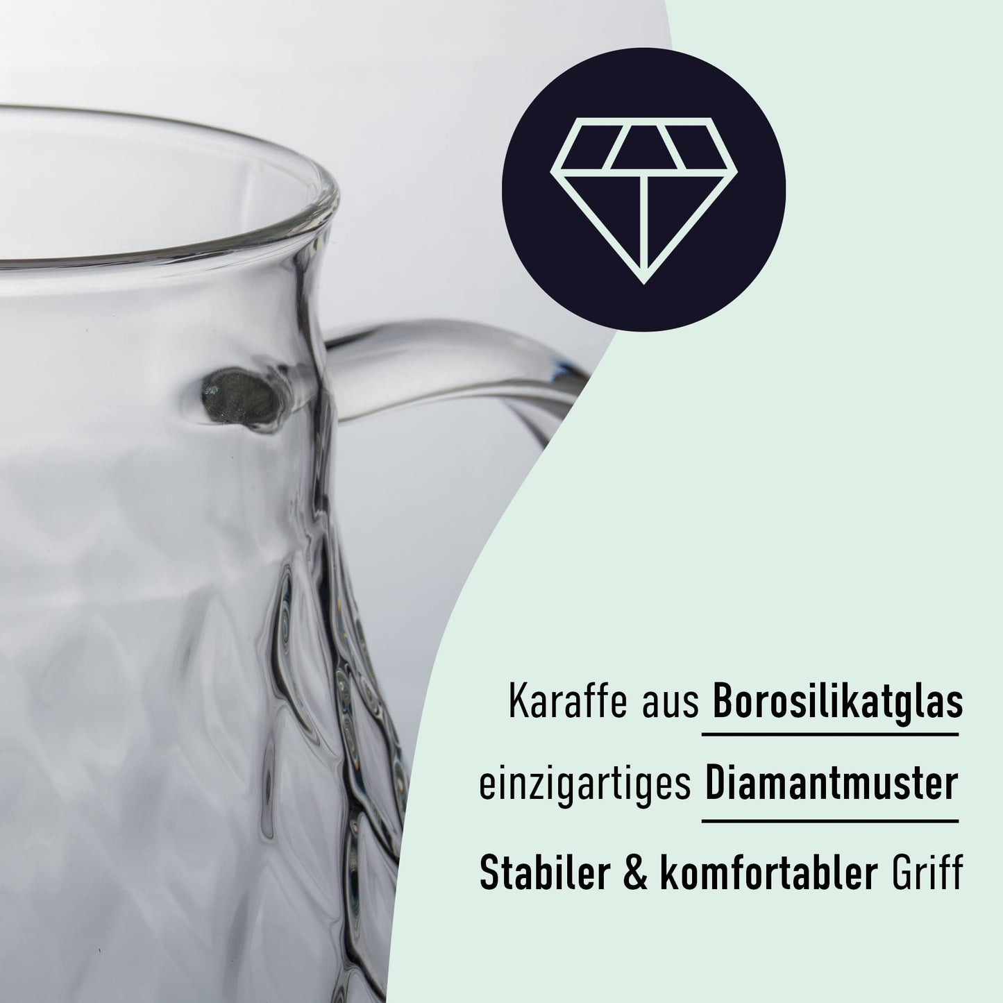 Karaffe aus Borosilikatglas mit Deckel und Ausgießer - Glaskaraffe mit einzigartigem Rautenmuster für 2 Liter kaltes oder heißes Wasser - Getränkekanne für hausgemachten Eistee und Saft