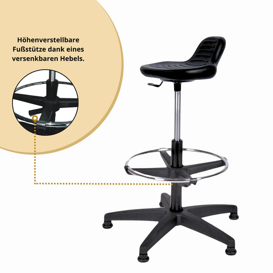 Topsit IND000014 Arbeitshocker Stehhilfe hoch mit Fußring zur Ablage, Abwischbar für Labor geeignet, Hartschaum Schwarz, 40 x 43 x 85 cm