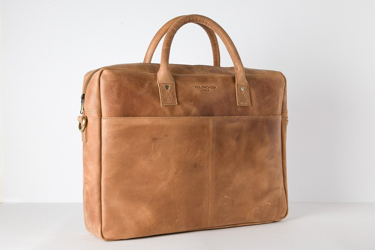 Holzrichter BERLIN Tragetasche No 1-1 (M) camel-braun - Große Briefcase-Aktentasche & Laptoptasche handgefertigt aus Premium-Leder