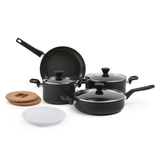 Amazon Basics - 10-teilig Harteloxiertes, antihaftbeschichtetes, stapelbares Kochgeschirr-Set mit Töpfen und Pfannen platzsparend, PFOA-frei, Schwarz