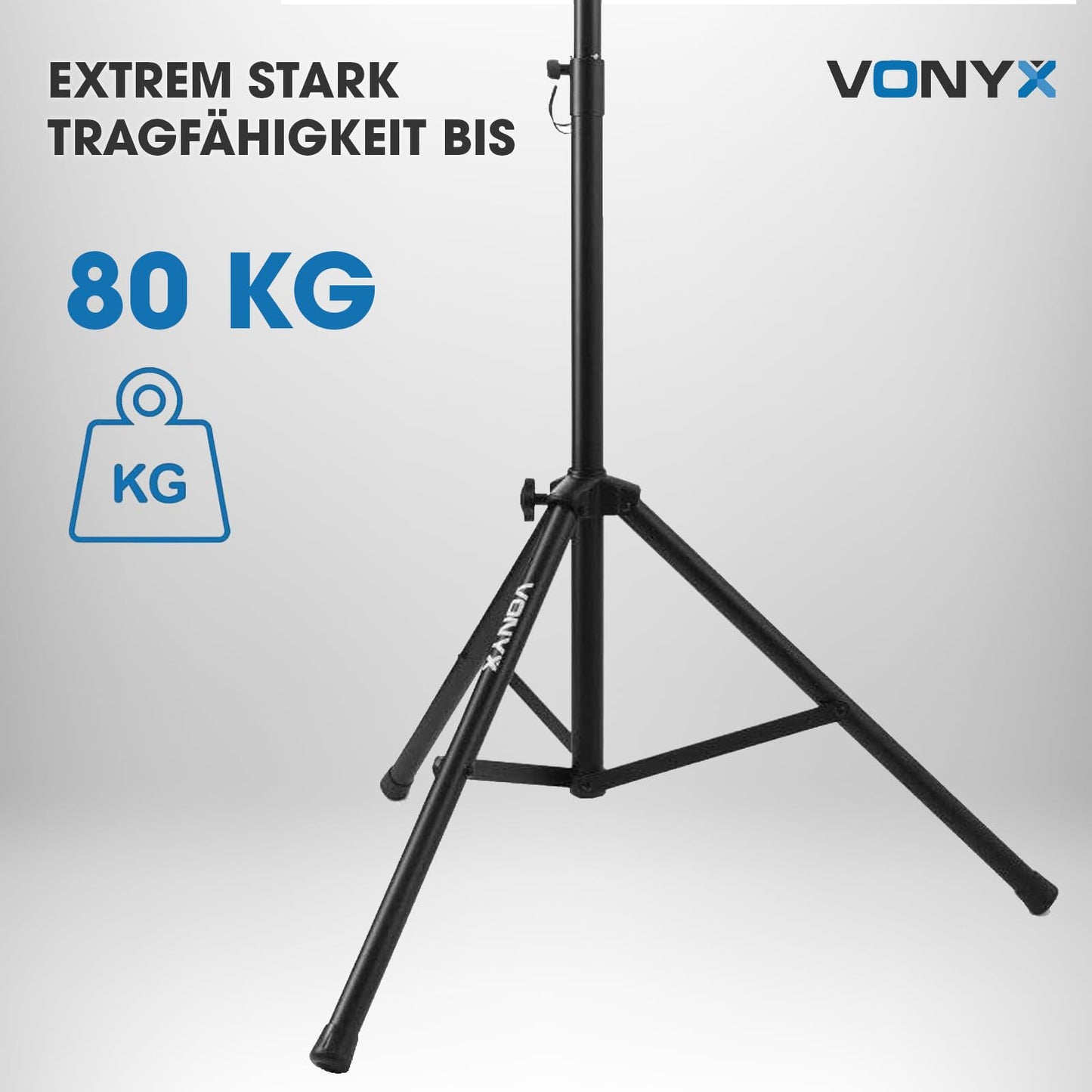Vonyx LS04 Pro Lautsprecherständer bis 80 KG, Höhenverstellbar bis 2M. Boxenstativ mit Sicherheitsstift, Lautsprecher Stativ, Stative Hochständer Boxen Stativ Speaker Stand, Schwarz