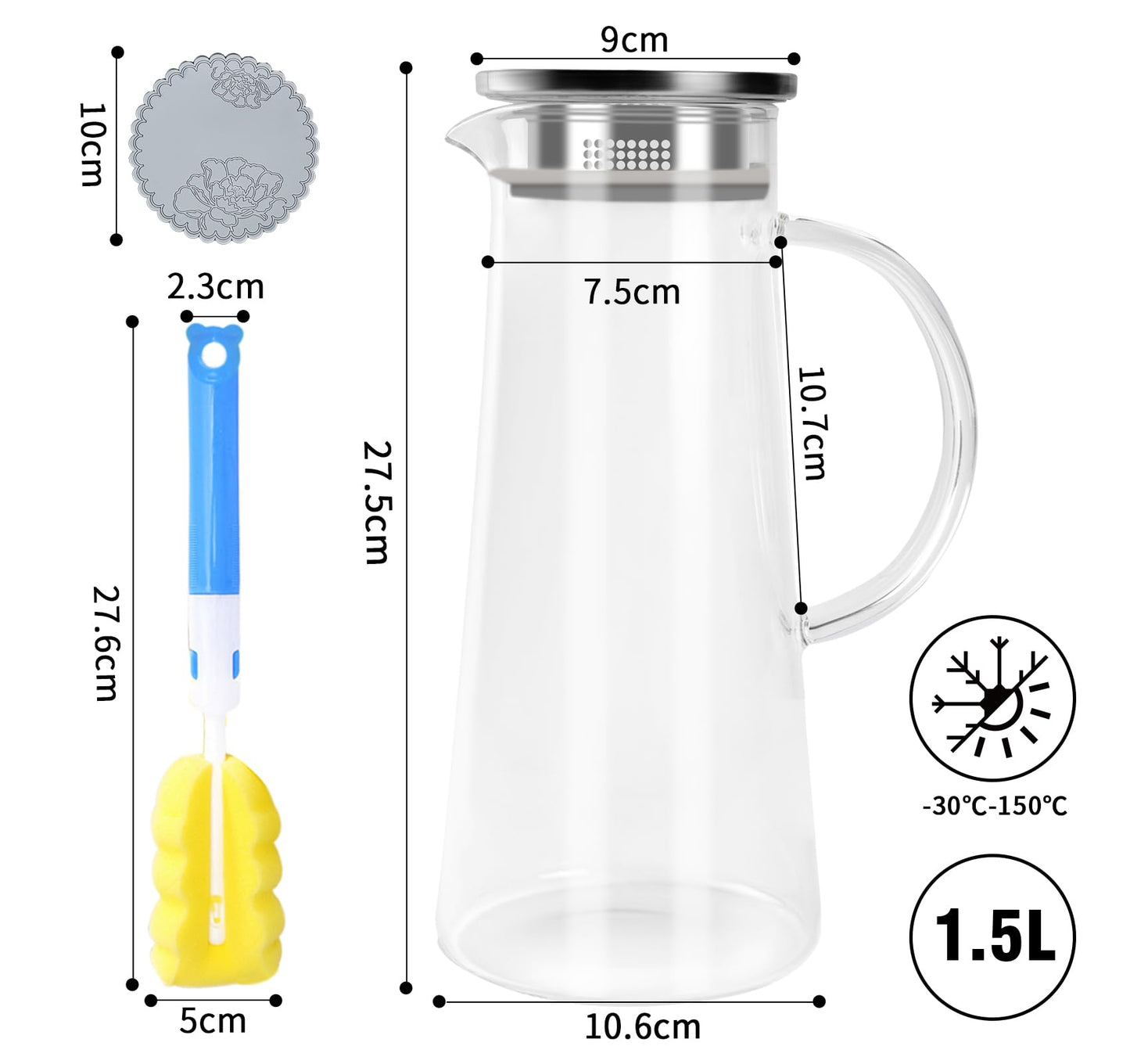 Wasserkaraffe Glas 1,5 L, Glaskaraffe mit Deckel, Wasserkrug mit Edelstahldeckel und Sieb, Glaskanne hitzebeständig für Selbstgemachte Kalte und Heiße Getränke