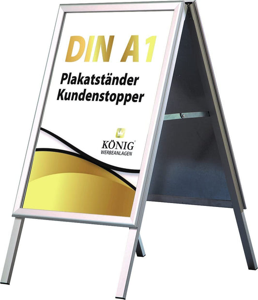 Plakatständer Keitum DIN A1 silber | Ecken auf Gehrung | beidseitig für 2 Plakate | Rückwand aus verzinktem Stahlblech | entspiegelte Schutzscheiben | wetterfest | Kundenstopper Gehwegaufsteller