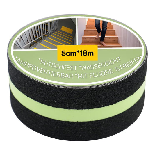 notlok Safety Work - Antirutsch Klebeband [ 18M x 5cm ] Schwarz mit fluoreszierendem Streifen - nachtleuchtend | Griptape für den Innen- und Außenbereich | Grip Tape, Anti Rutsch Streifen