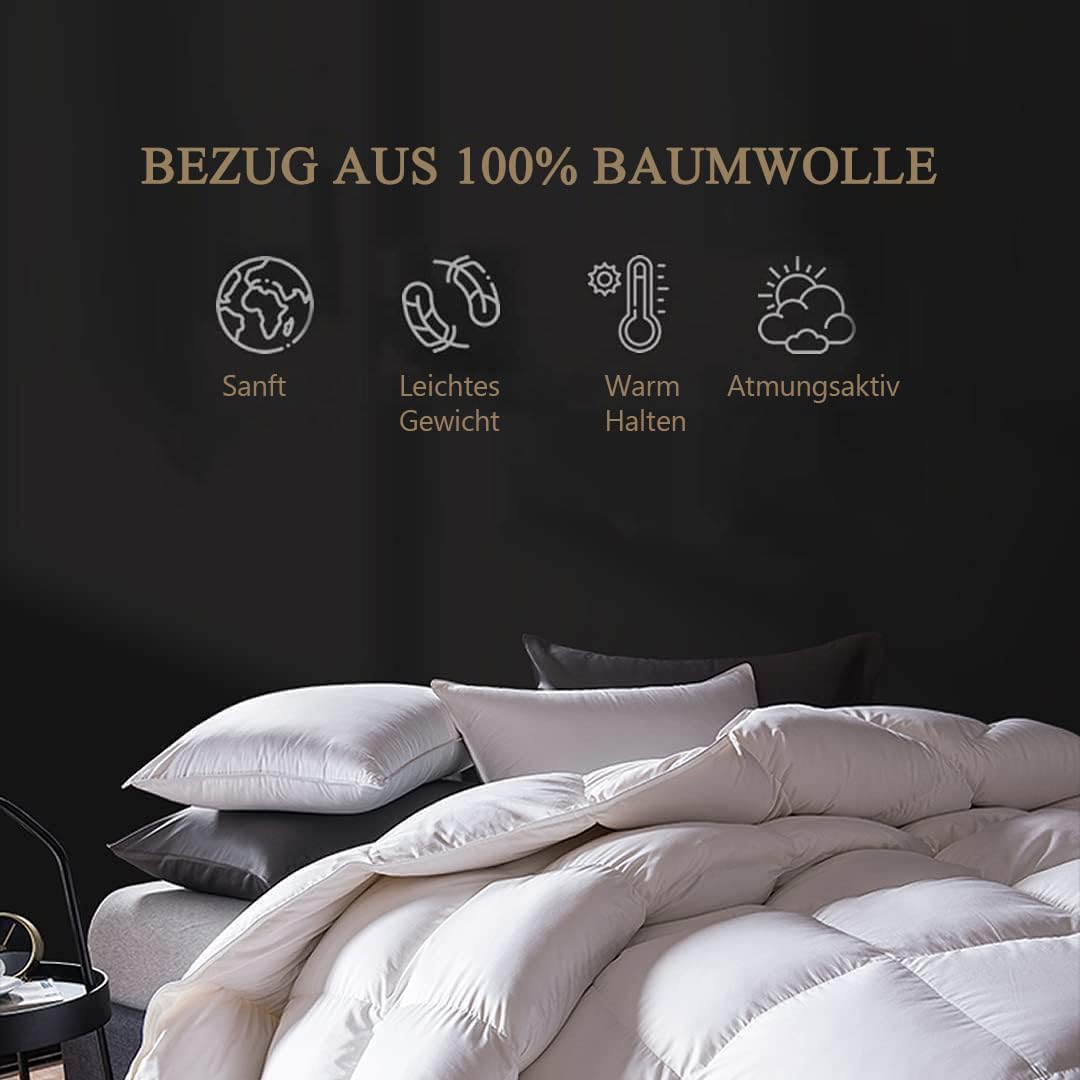 DWR Daunendecke 200x200cm, medium Ganzjahresdecke 100% Bio-Baumwolle, Übergangsdecke Bettdecke 200x200cm, Steppdecke mit Daunen und Federn, Oeko-TEX, Weiß