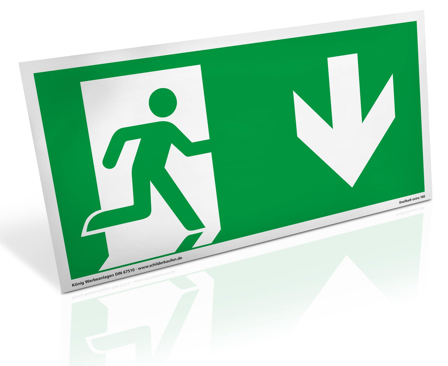 Schild Notausgang | extra langnachleuchtend | PVC selbstklebend 297x148mm | gemäß ASR A1.3 DIN 7010 DIN 67510 | Notausgangsschild Pfeil nach unten | Fluchtwegschild Rettungsweg | Dreifke® extra 160