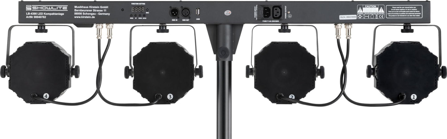 Showlite LB-4390 LED Licht Komplettanlage RGB, mit Wireless Fußschalter (Tri-LED PAR Spots, weiße Strobe-Spots, DMX512, Funk-Fußpedal, LCD-Display, Mikrofon, T-Bar, Stativ, Taschen)