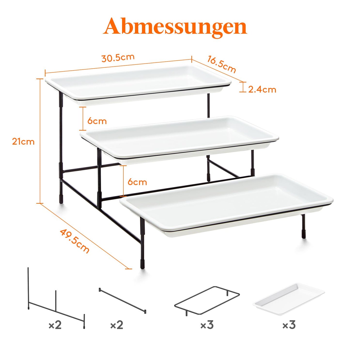 Lifewit 3-stufiges Serviertablett für Partyzubehör, 30x17cm Servierplatte zum Anrichten von Speisen, weiße wiederverwendbare Tabletts mit schwarzer Obstschale für Gemüse, Obst, Kekse, Desserts