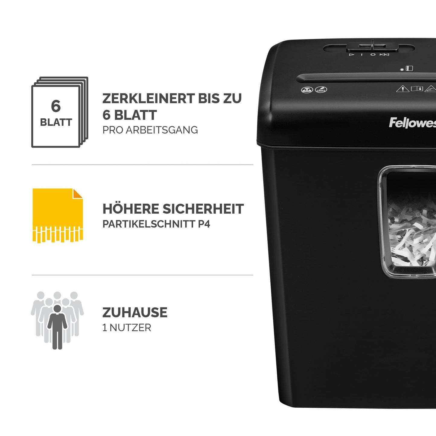 Fellowes Aktenvernichter 6 Blatt Partikelschnitt (P4), TÜV SÜD + GS zertifizierter Papierschredder Zuhause & Homeoffice, Powershred FS-6C, Schredder 15L Papierkorb, Kreditkarten Heftklammern schwarz