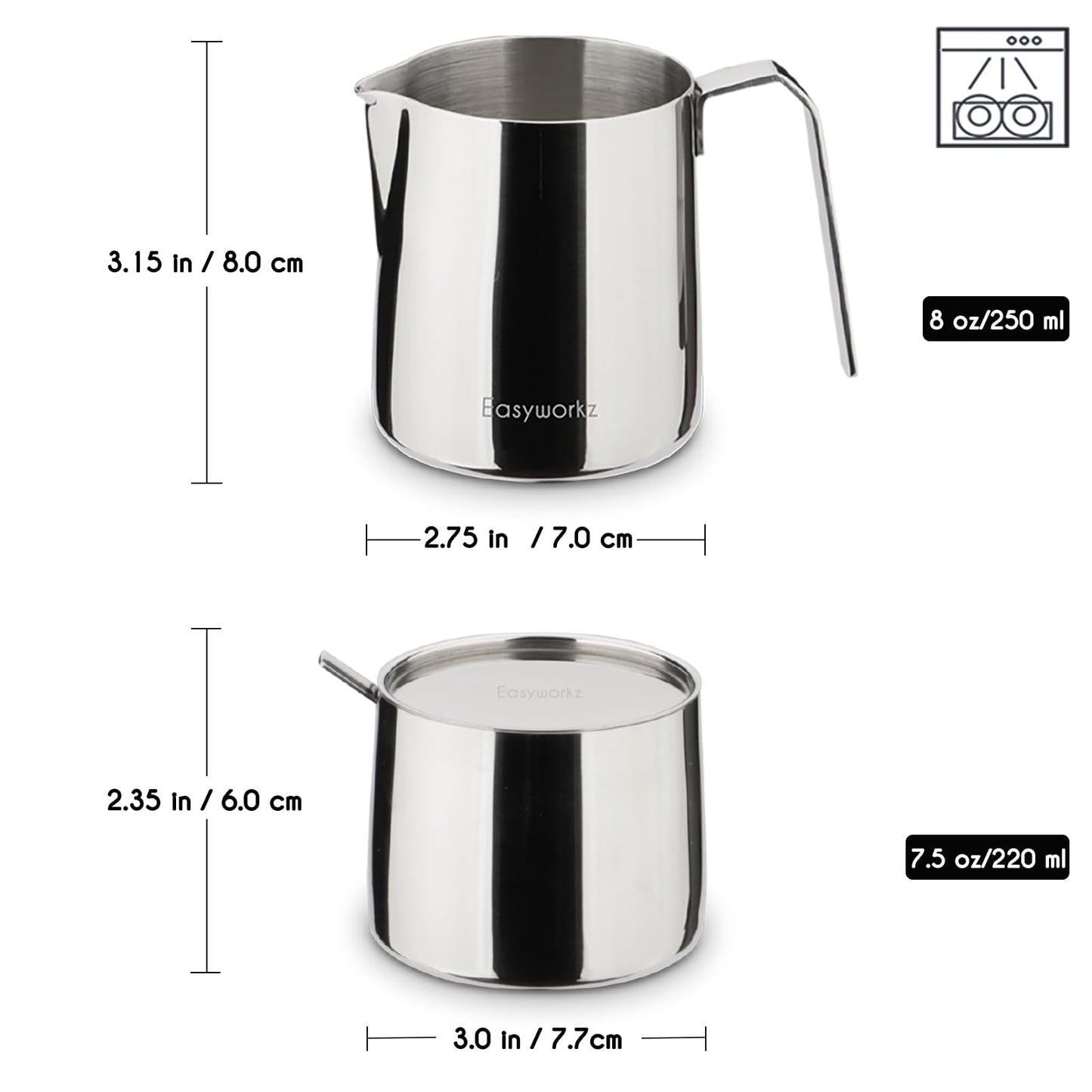 Easyworkz Zuckerdose und Milchkännchen-Set aus Edelstahl, mit Löffel und tropffreiem Ausgießer, stapelbares Design, Chrom
