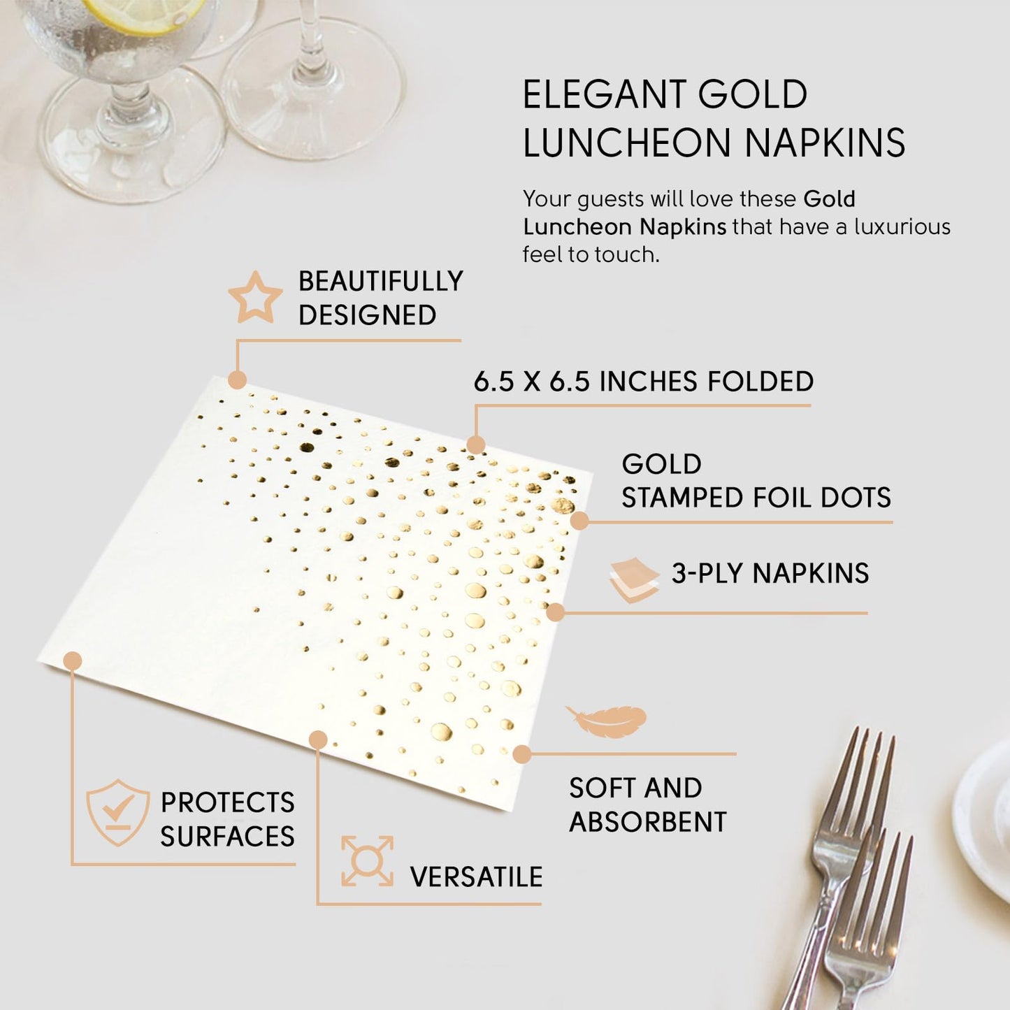Stilvolle 16,5 x 16,5 cm goldene Servietten, 100 Stück weiße und goldene Lunch-Servietten, verleihen Sie Ihrer Veranstaltung Glanz mit Partyservietten, 3-lagige goldene Papierservietten,