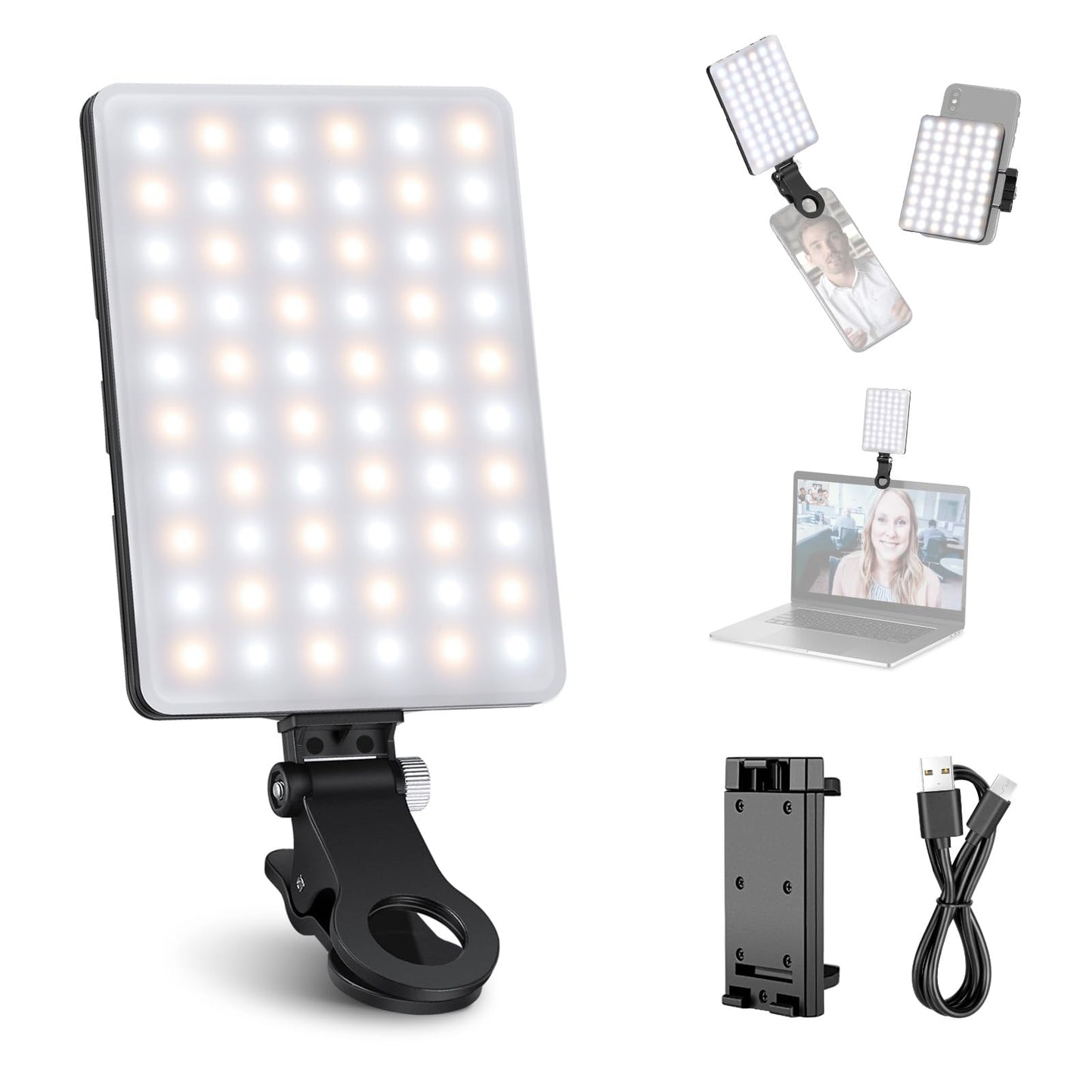 NEEWER Basic Clip On Selfie Licht kompatibel mit iPhone, 2000mAh wiederaufladbares LED Videolicht mit Handy Clamp für Computer Webcam, Laptop, Zoom Videokonferenzen, Make up Fotografie, NL-60AI