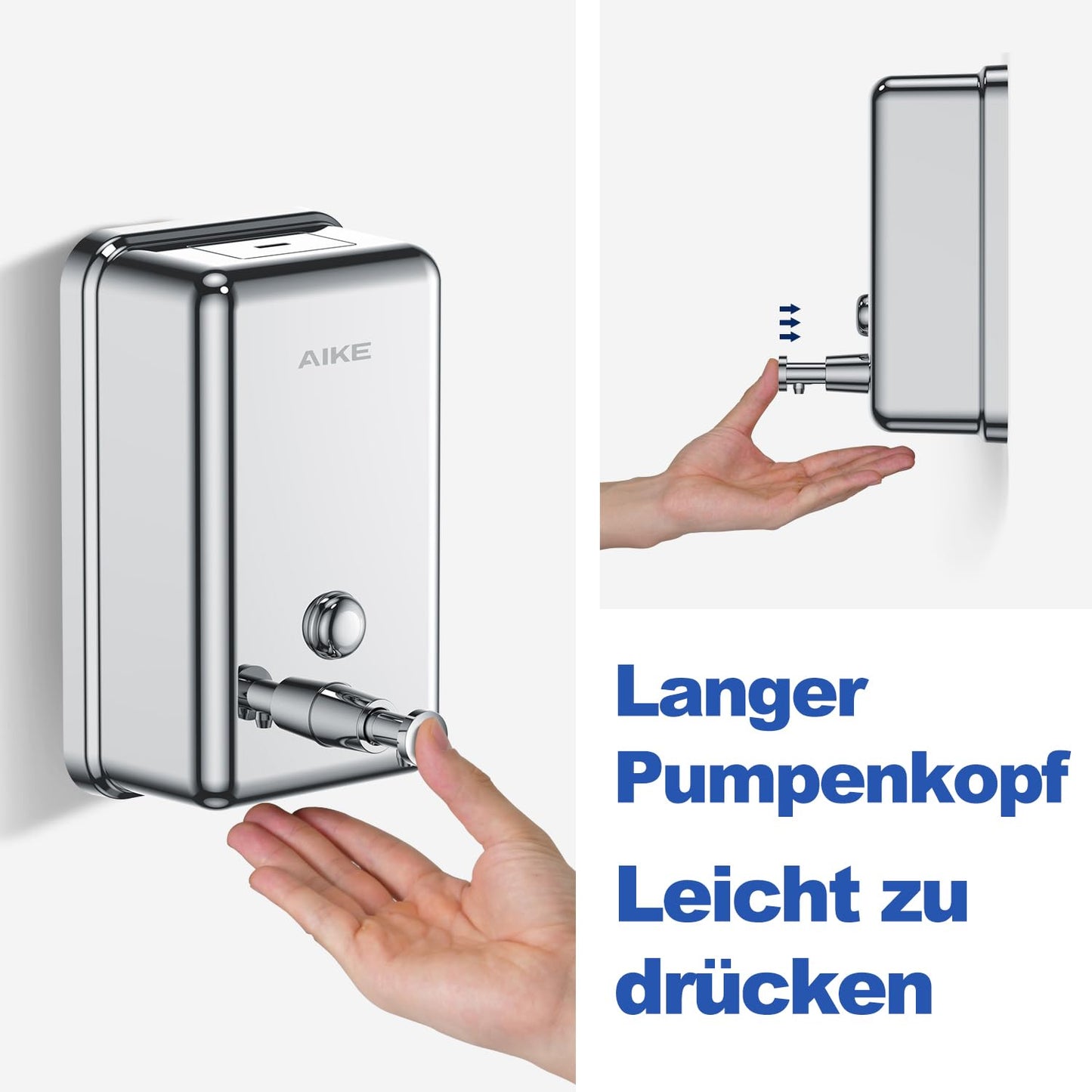 AIKE Seifenspender zur Wandmontage, 1100 ml Seifenspender aus Edelstahl, integrierte Kunststoff-Schutzschicht, rostfrei, verschleißfest und tropfsicher, kommerzieller Seifenspender Wandbefestigung
