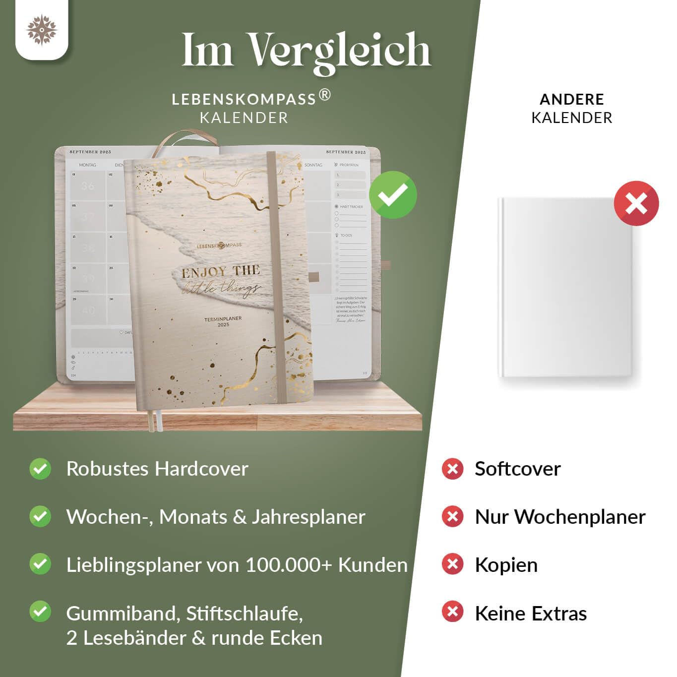 Lebenskompass Kalender 2025 Buchkalender A5 "STRAND" - Schöner Wochenplaner 2025 & Terminkalender 2025 - stabiles Hardcover mit edler Folienprägung