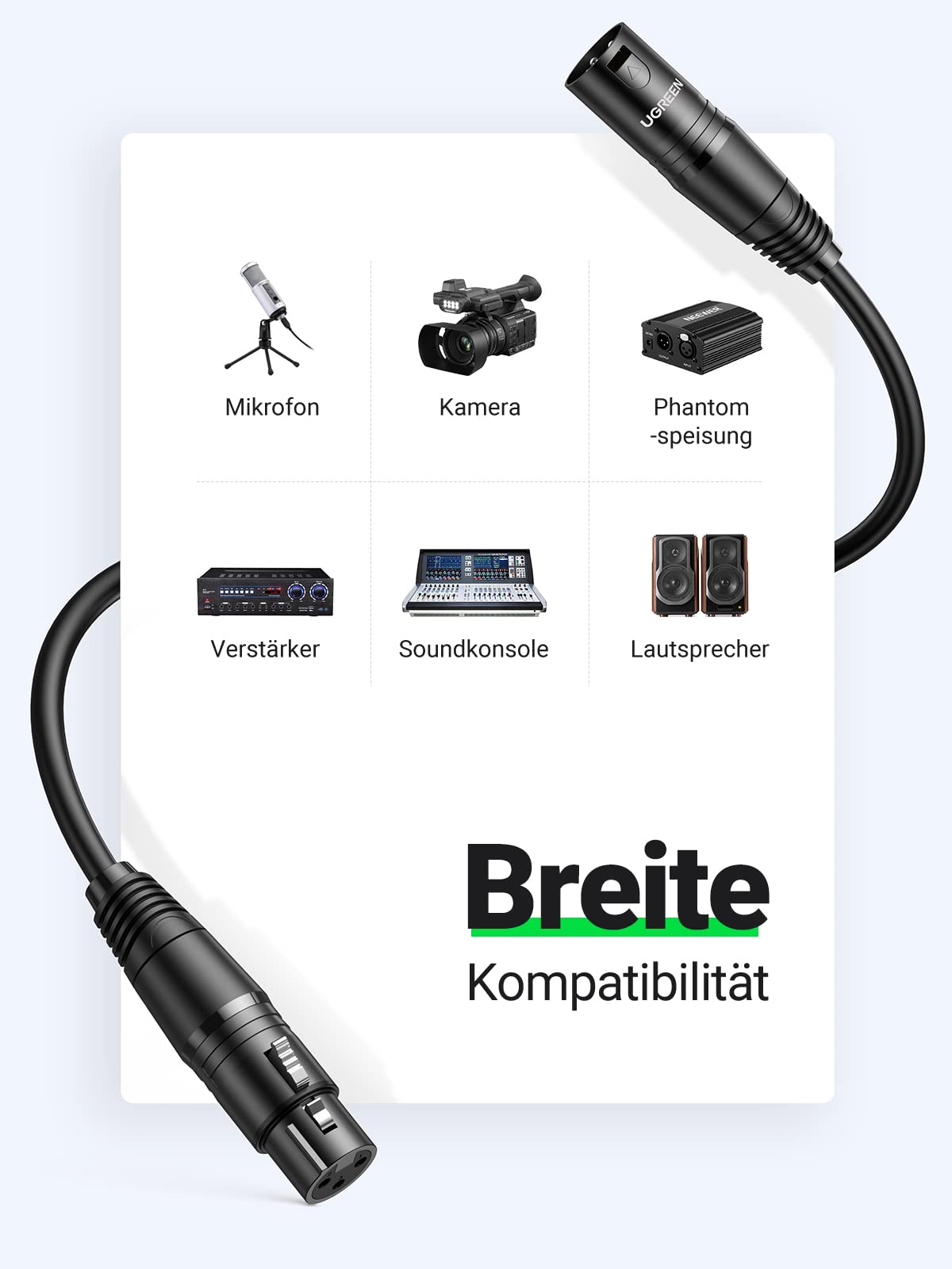 UGREEN Mikrofonkabel XLR Stecker auf XLR Busche Kabel Schwarz (2M) Kompatibel mit Mikrofone oder andere Studio Ausrüstung an einen PA, Mischpult oder Aktivlautsprecher