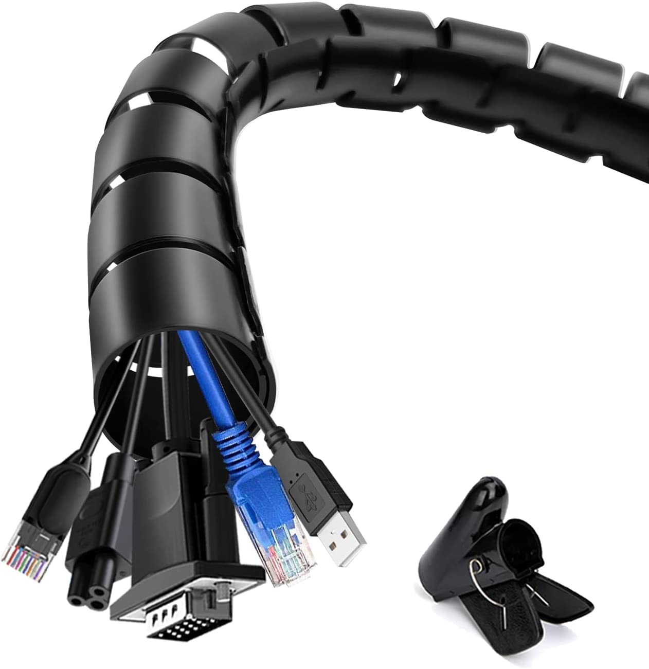 shinfly 2 x 5m Kabelschlauch Selbstschließend Schwarz, Durchmesser 16mm/22mm Flexibel Kabelkanal mit 1 Drahtführungsclip, Kabelschutz Kabelmanagement für TV Computer - Schwarz