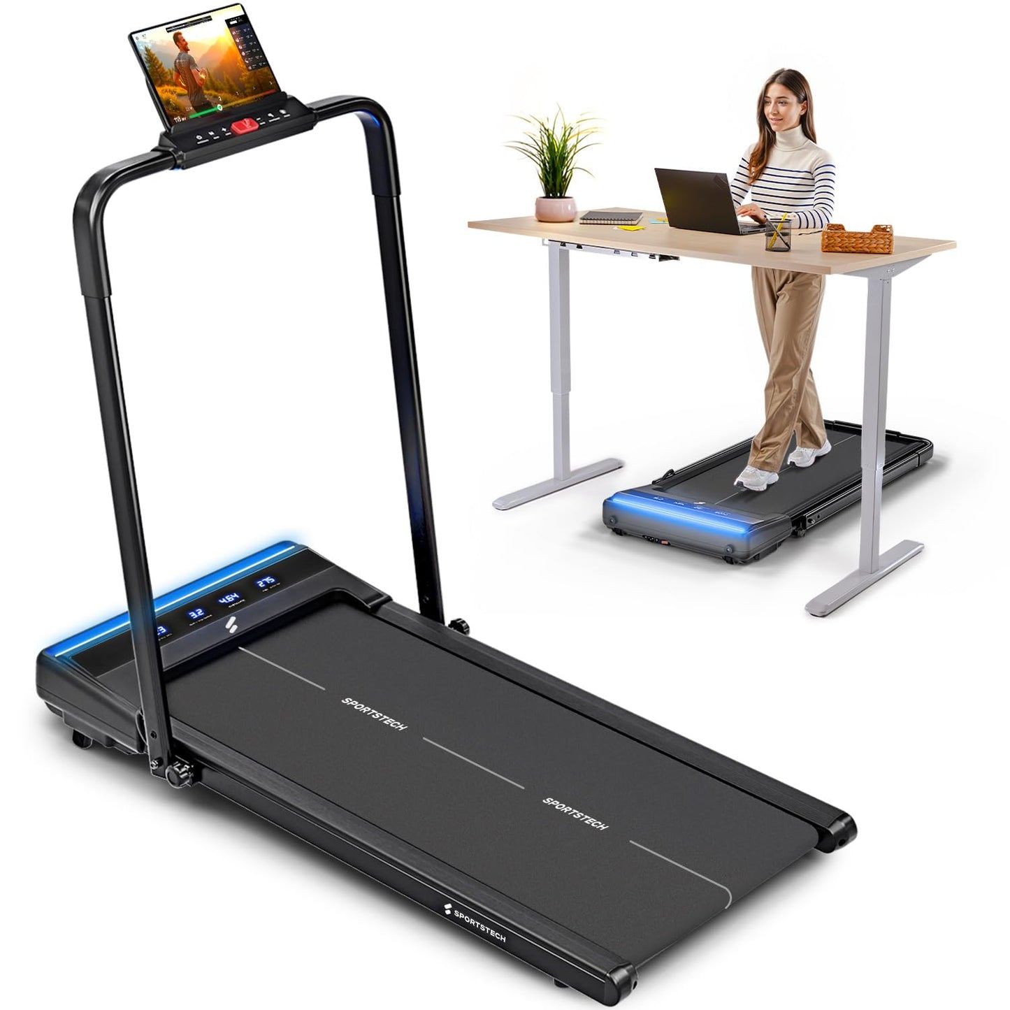 Sportstech Laufband Walking Pad für Zuhause, mit manueller Steigung, Walking Pad bis 6 km/h, Treadmill bis 12km/h, App, Fernbedienung, kompakt, Home Office (sWalk lite Plus)