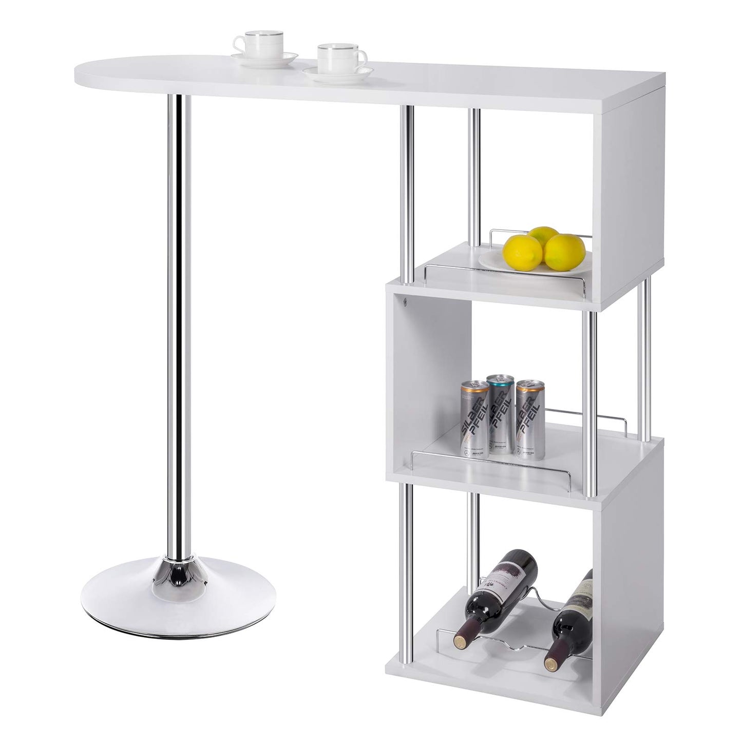 WOLTU Bartisch Stehtisch Bistrotisch Bartheke Tresentisch, mit 3 Ablagefläche, mit Weinregale, Metall, MDF, Weiß, 113x40x105cm(BxTxH)