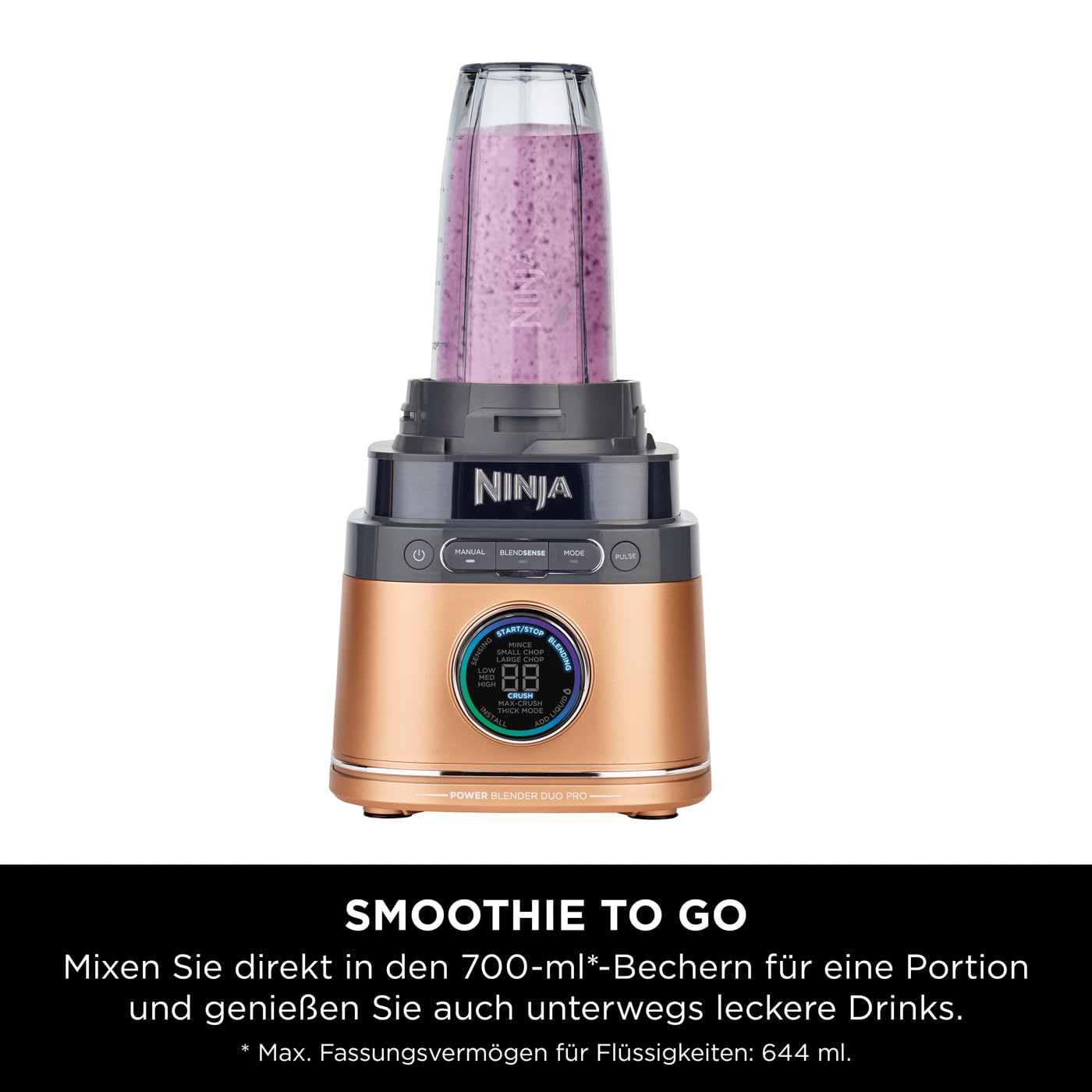 Ninja 2-in-1 Detect Power Mixer Pro & Single Serve, 1200W Mixer mit Krug, & Single Serve Behälter, Smoothies mixen, Gemüse hacken & Frozen Drinks mixen, Kupfer/Schwarz, TB301EUCP