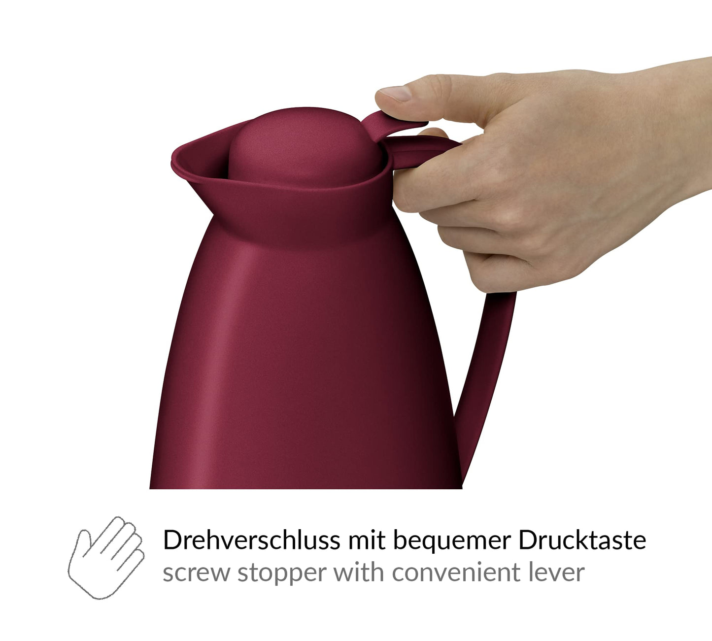 alfi ECO 1,0l, ruby red, Isolierkanne mit hygienischem Hartglaseinsatz aus Kunststoff, Drehverschluss mit bequemer Drucktaste, Ausgießen mit einer Hand, ideal als Kaffeekanne, Teekanne, BPA-frei