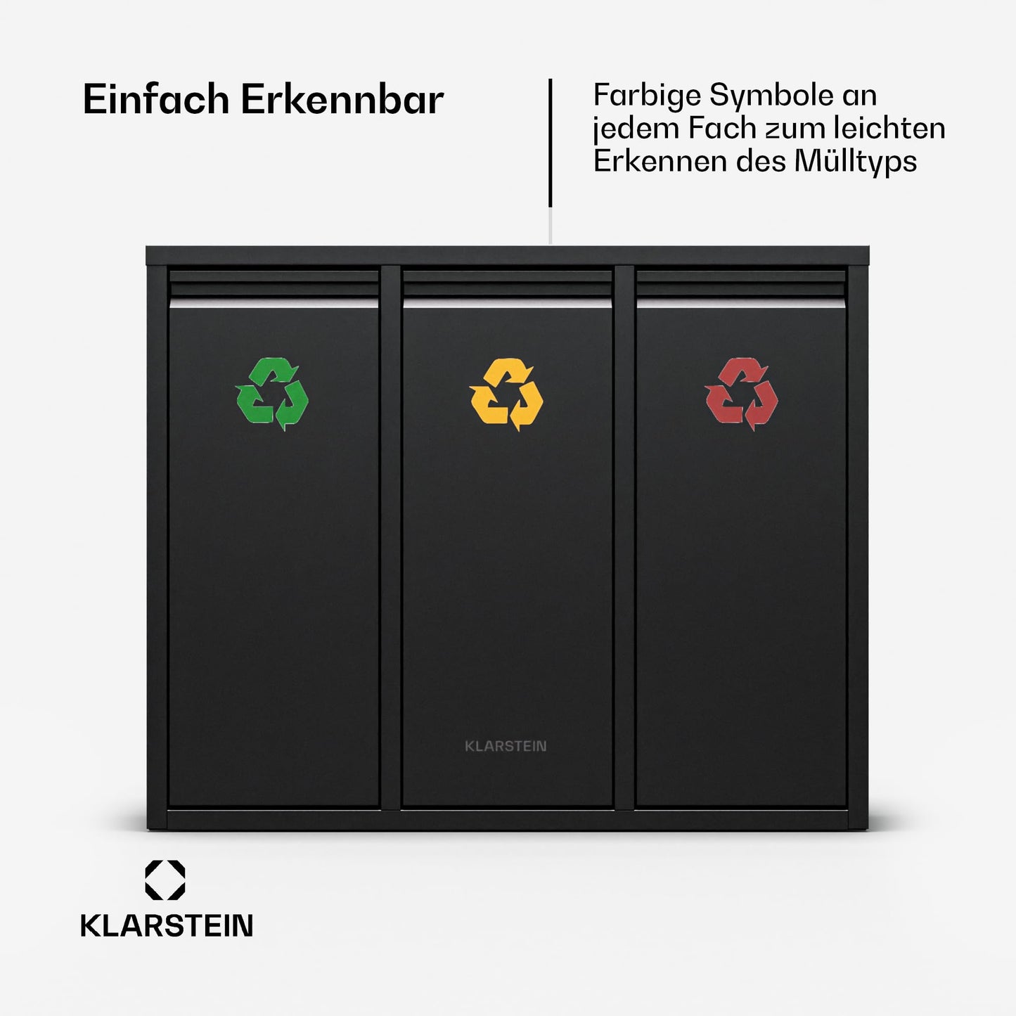 Klarstein Ordnungshüter 3-in-1 Mülleimer - 45L Küchenabfalleimer mit Farbcodierung, Edelstahlgehäuse, herausnehmbare Behälter, Mülltrennsystem