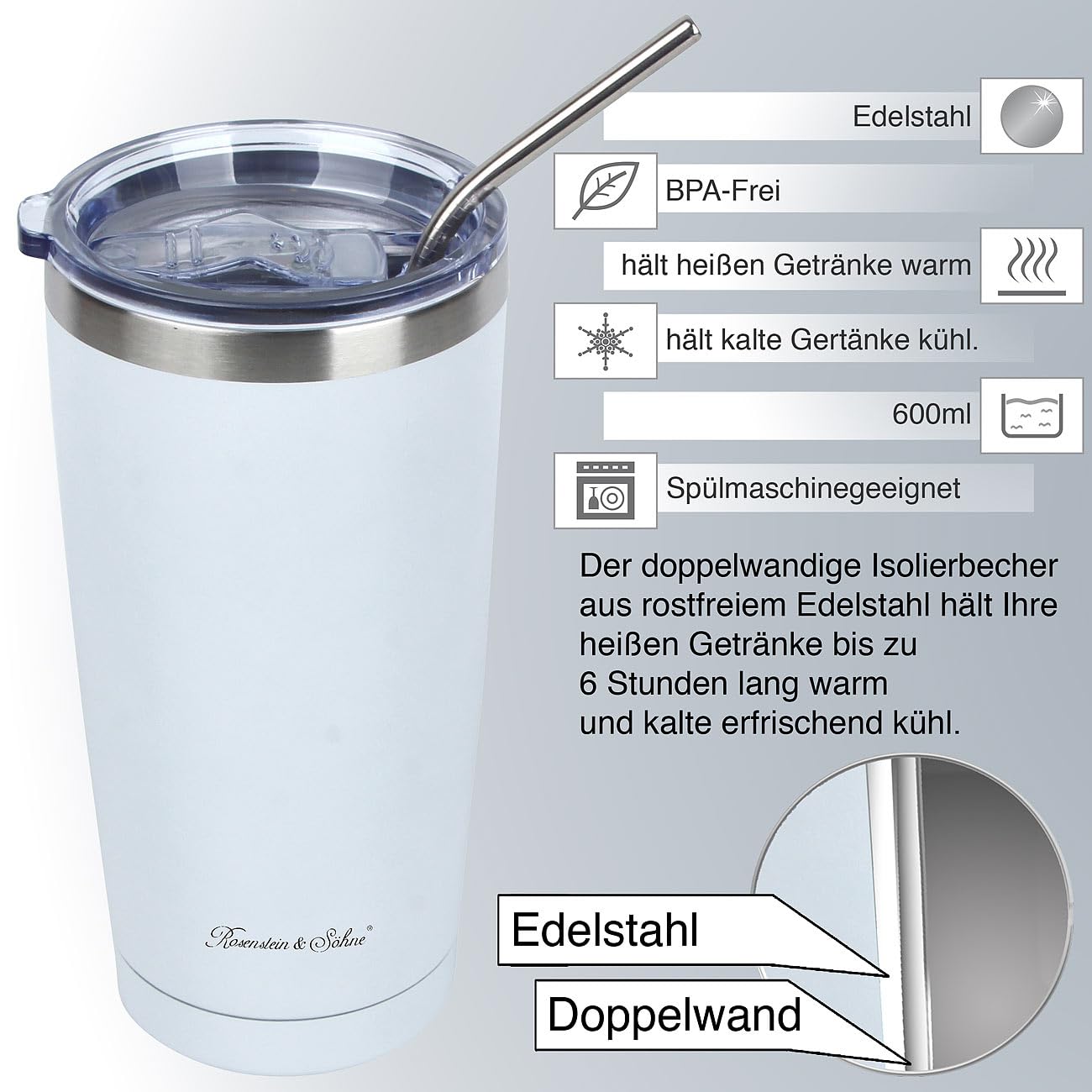 Rosenstein & Söhne Isolierbecher 600 ml – Edelstahl, Weiß, inkl. Deckel & Edelstahl-Strohhalmen