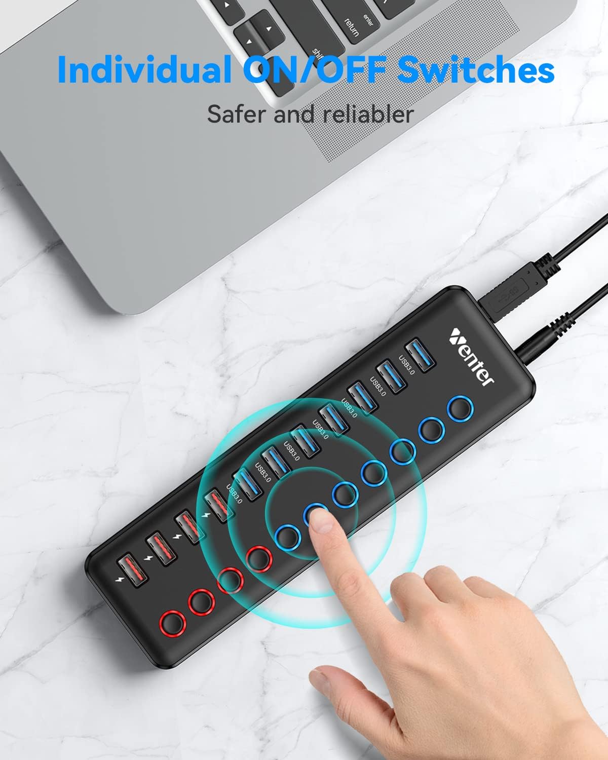 USB Hub Aktiv 3.0 mit Netzteil 36W, WENTER 11 in 1 USB Hub (7 USB 3.0 Ports Datenübertragung und 4 Ports Schnellladegerät) mit Schalter und 1 Intelligenter Charging Port und 12V/3A Netzteil Adapter