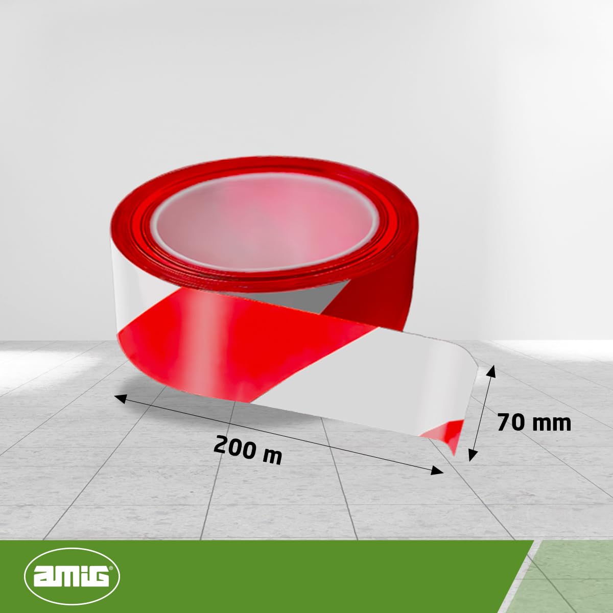 Amig - Absperrband | Hergestellt aus Niederdruck - Polyethylen LDPE | Maße: 200 m Länge x 70 mm Breite | Signalband zur Abgrenzung von Sicherheitsbereichen | Farbe: Rot und Weiß